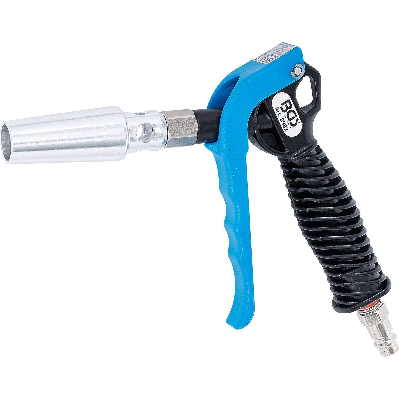 Eine blaue und schwarze pneumatische Blaspistole mit Metalldüse und spiralförmigem Griffhandgriff, entwickelt zum Reinigen oder Entstauben von Oberflächen.