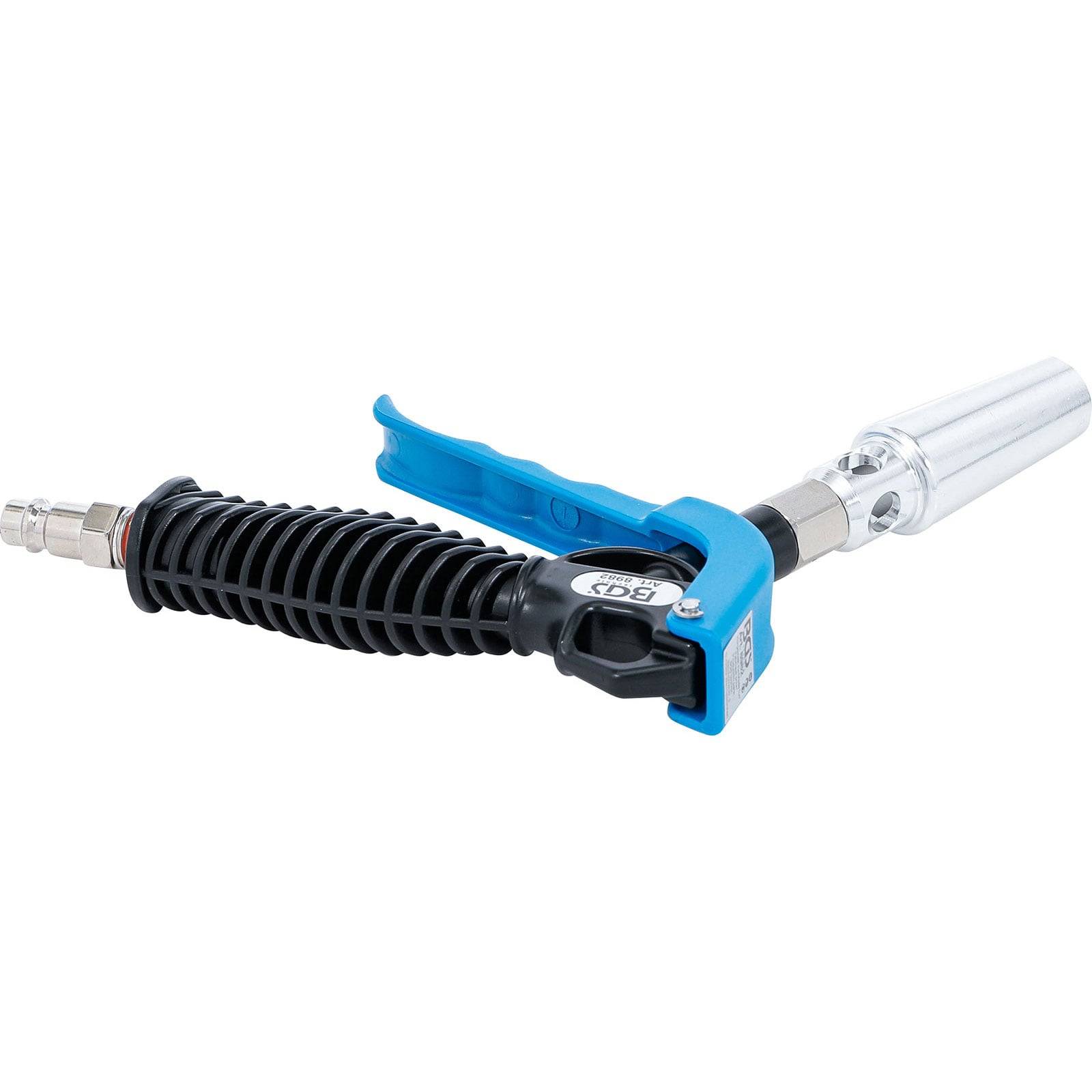 Ein tragbares pneumatisches Luftwerkzeug mit blauem Griff und schwarzer Griffpartie, das zum Reinigen oder Wegblasen von Ablagerungen verwendet wird und mit einer Metalldüse verbunden ist.