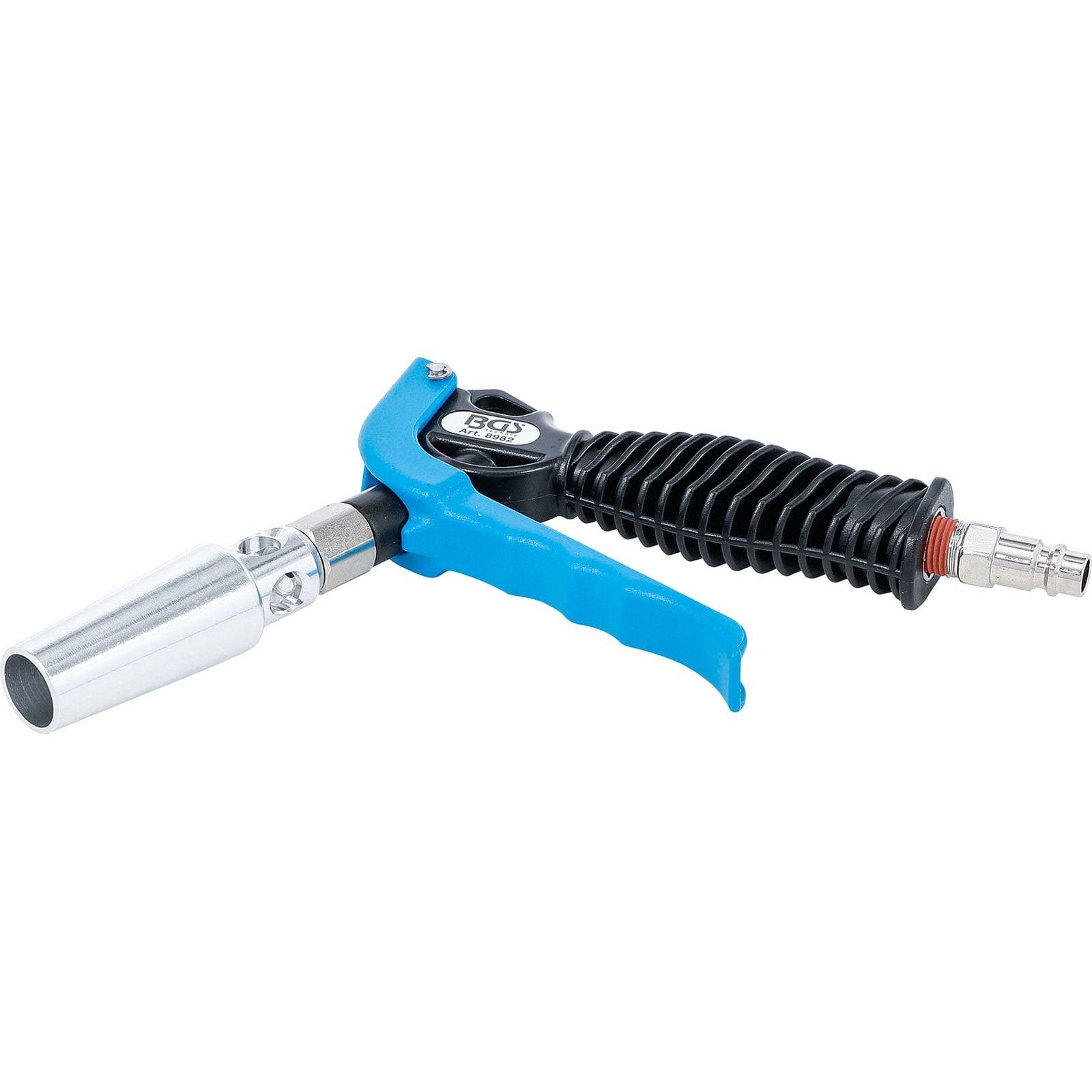 Eine blaue und silberne Druckluftpistole mit geripptem Griff, entwickelt für Staub- und Reinigungsaufgaben, mit einem Anschlusspunkt für einen Druckschlauch.