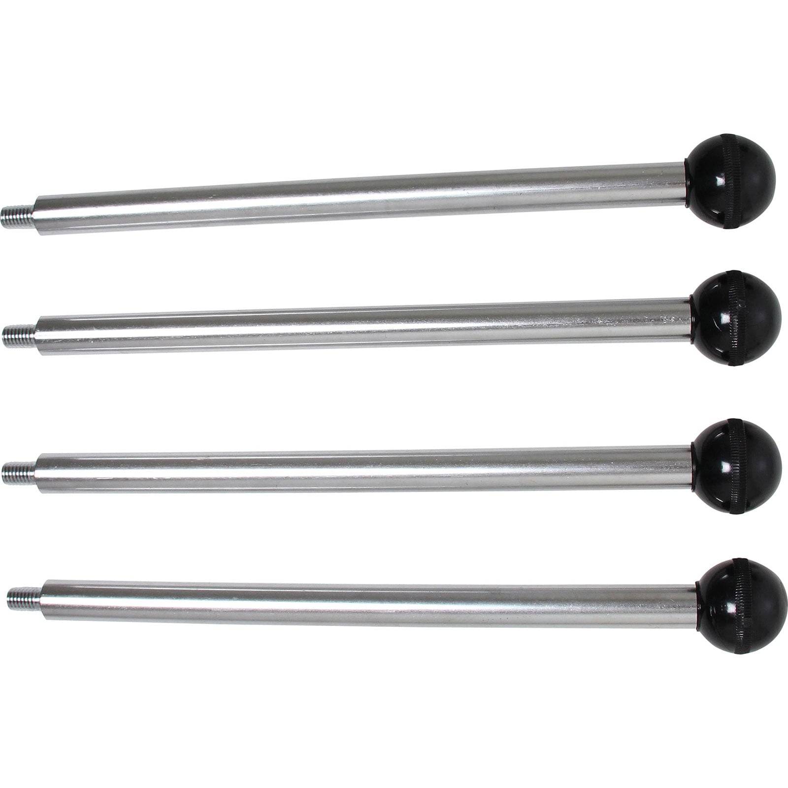 Vier Metallstangen mit schwarzen runden Enden, horizontal und parallel angeordnet, was auf eine mechanische oder industrielle Verwendung hindeutet.