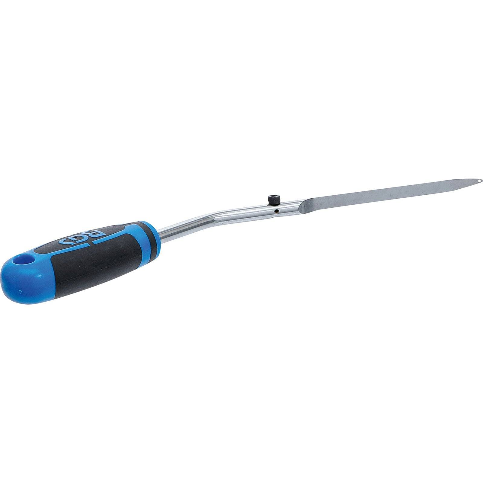 Ein flexibler Spatel mit blau-schwarzem Griff und einer langen, dünnen Metallklinge.