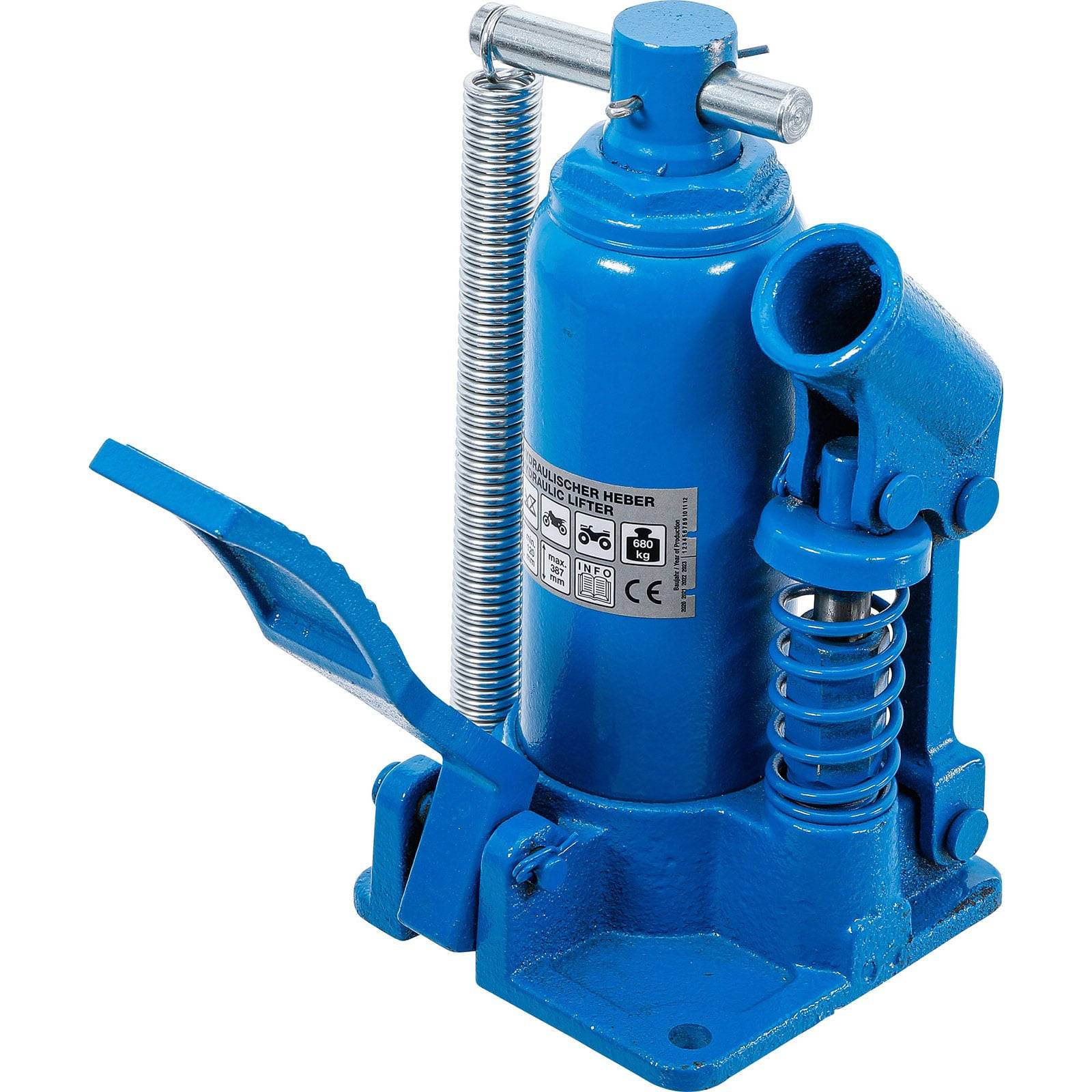 Ein blauer hydraulischer Flaschenwagenheber mit einem Hebel, konstruiert zum Anheben schwerer Objekte. Ein Etikett mit technischen Spezifikationen ist an der Seite sichtbar.