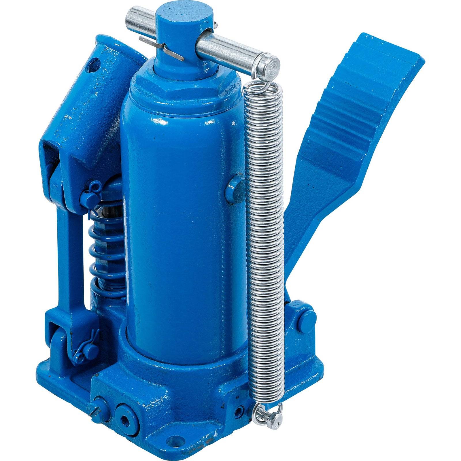 Ein blauer hydraulischer Flaschenwagenheber mit einem silbernen Ablassventil und einem Fußpedal zum Anheben schwerer Gegenstände, verwendet in Automobil- und Industrieanwendungen.