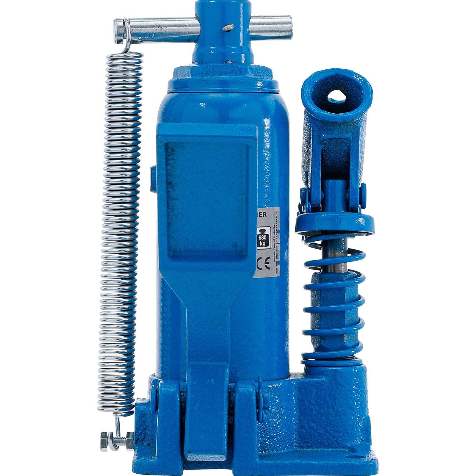 Ein blauer hydraulischer Flaschenheber mit Griff und Feder, entwickelt zum Anheben schwerer Objekte wie Fahrzeuge.