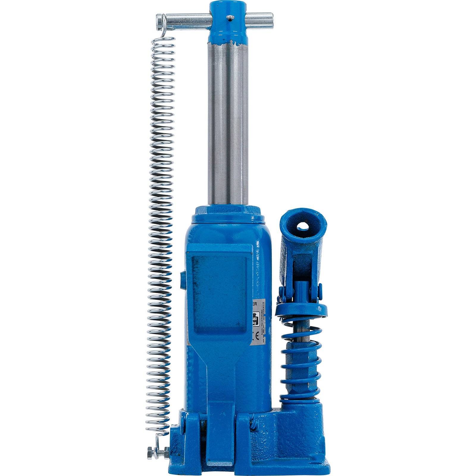 Ein blauer hydraulischer Flaschenheber mit angehobenem Kolben und Ablassventil, verwendet zum Anheben schwerer Gegenstände.
