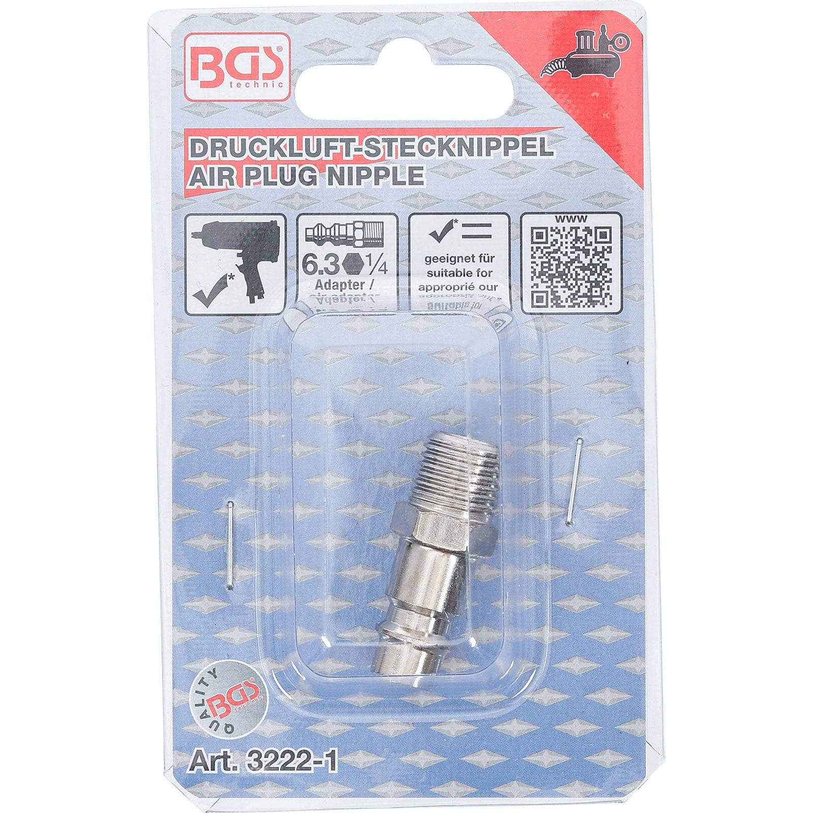BGS technic' Druckluft-Stecknippel Verpackung mit Text, Werkzeugbild, Barcode und Produktcode 'Art. 3222-1'. Geeignet für Druckluftgeräte.