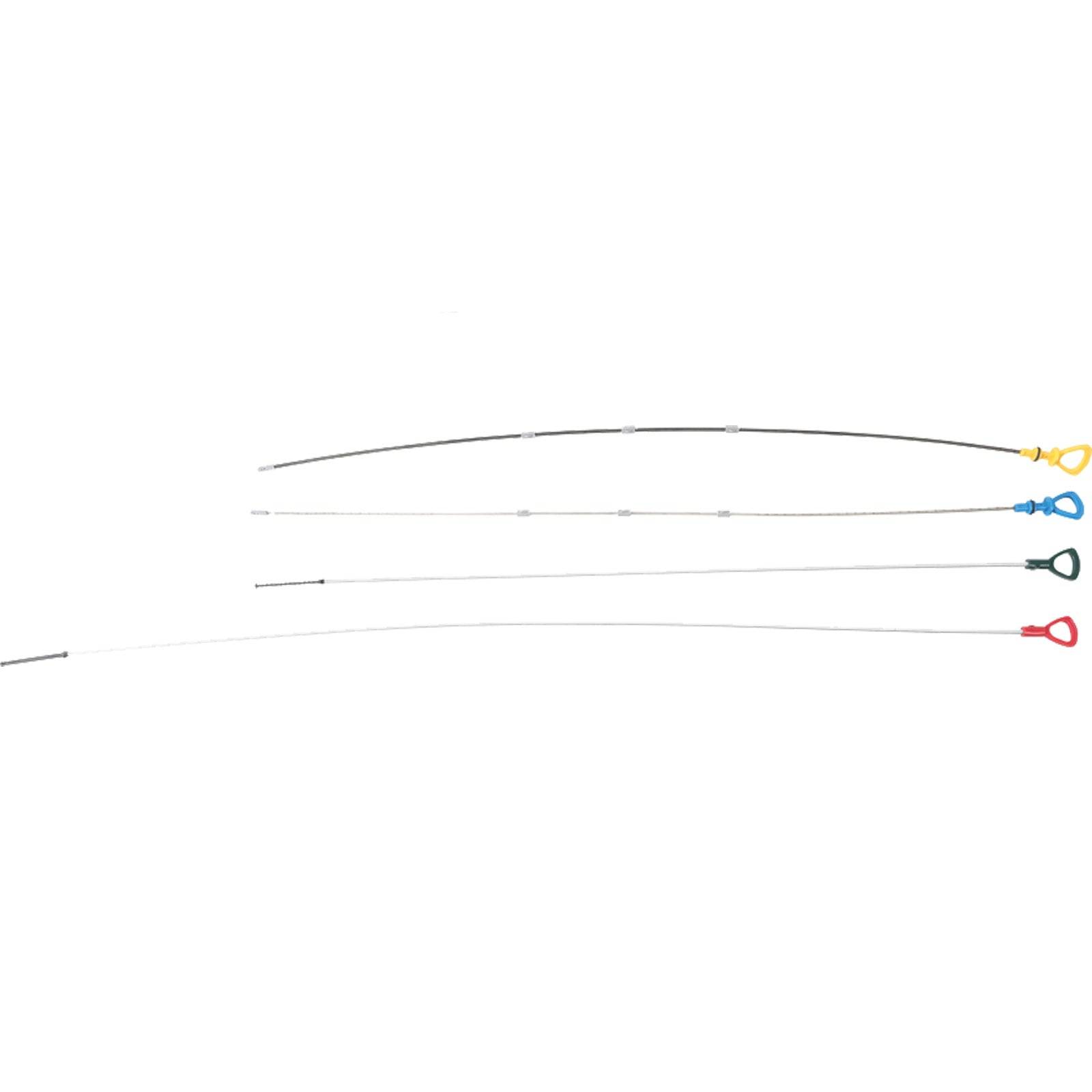 Vier Angelruten mit unterschiedlich gefärbten Griffen - blau, gelb, rot, grün - liegen parallel auf einem weißen Hintergrund und zeigen ihre Länge und Flexibilität.