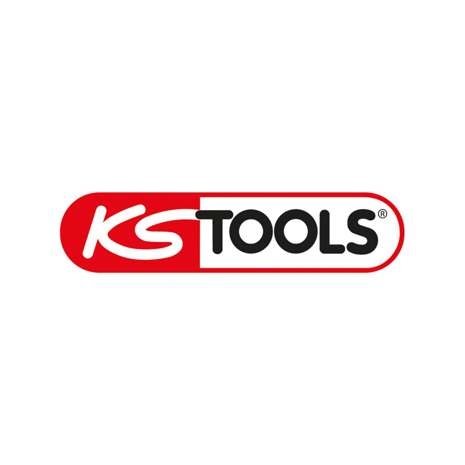 Firmenlogo für 'KS TOOLS', das fette rote und schwarze Schrift in einer roten und weißen Oval-Form präsentiert.