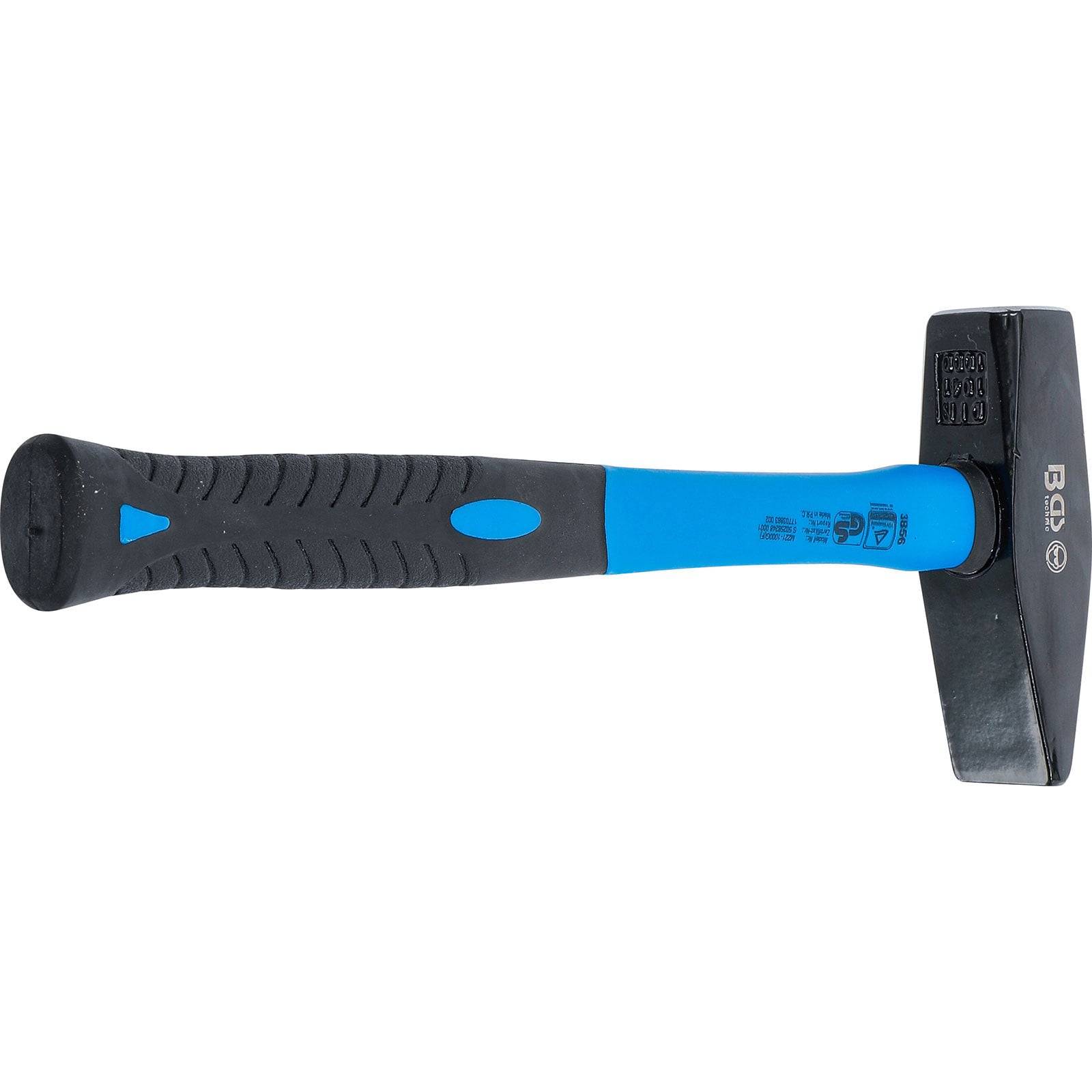 Ein schwarzer und blauer Hammer mit einem Gummigriffsgriff, entwickelt für komfortables Arbeiten und effizientes Schlagen bei verschiedenen Bauaufgaben.