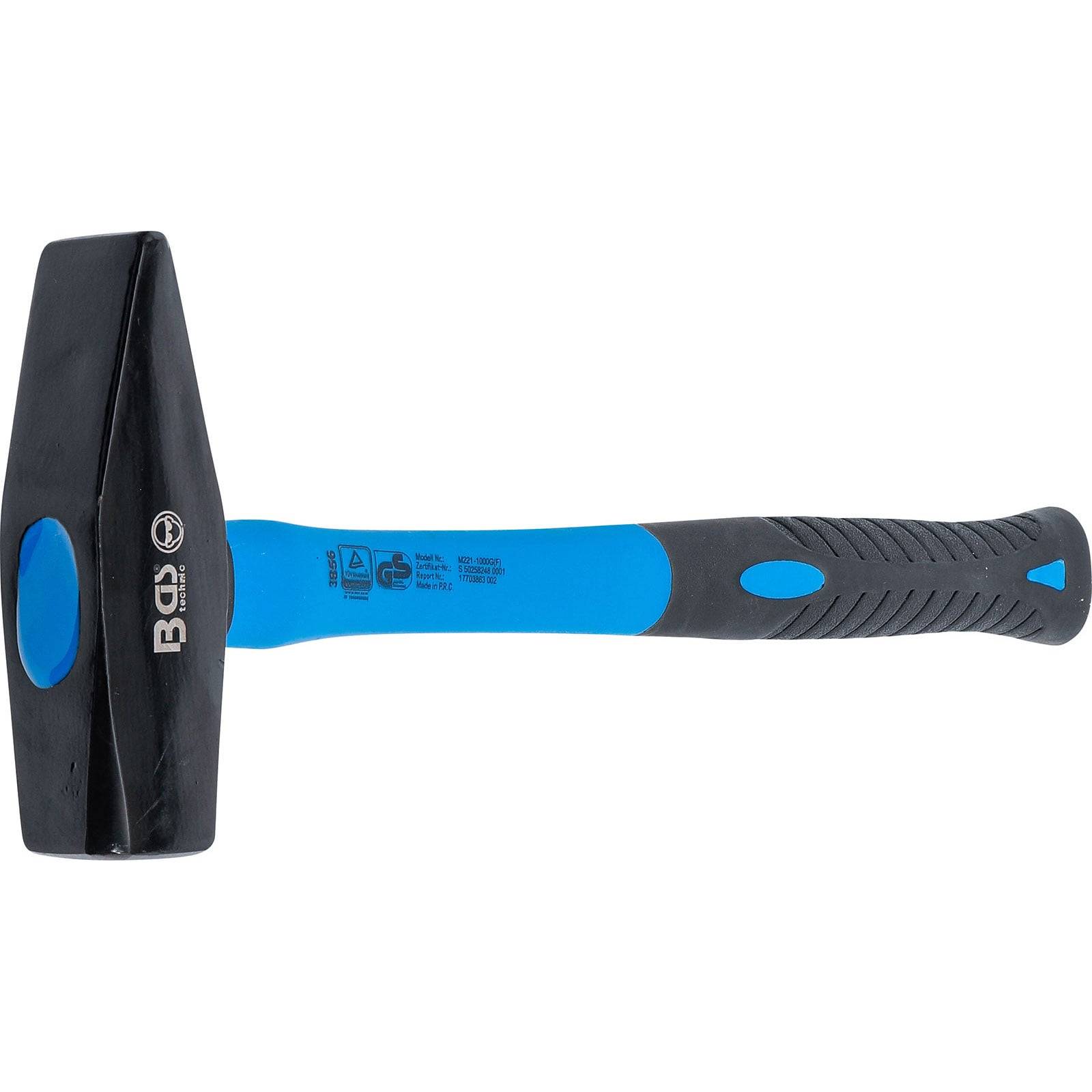 Ein Hammer mit blau-schwarzem Griff und metallischem Kopf, ausgelegt für schwere Arbeiten. Markenlogo und Sicherheitsinformationen sind am Griff sichtbar.