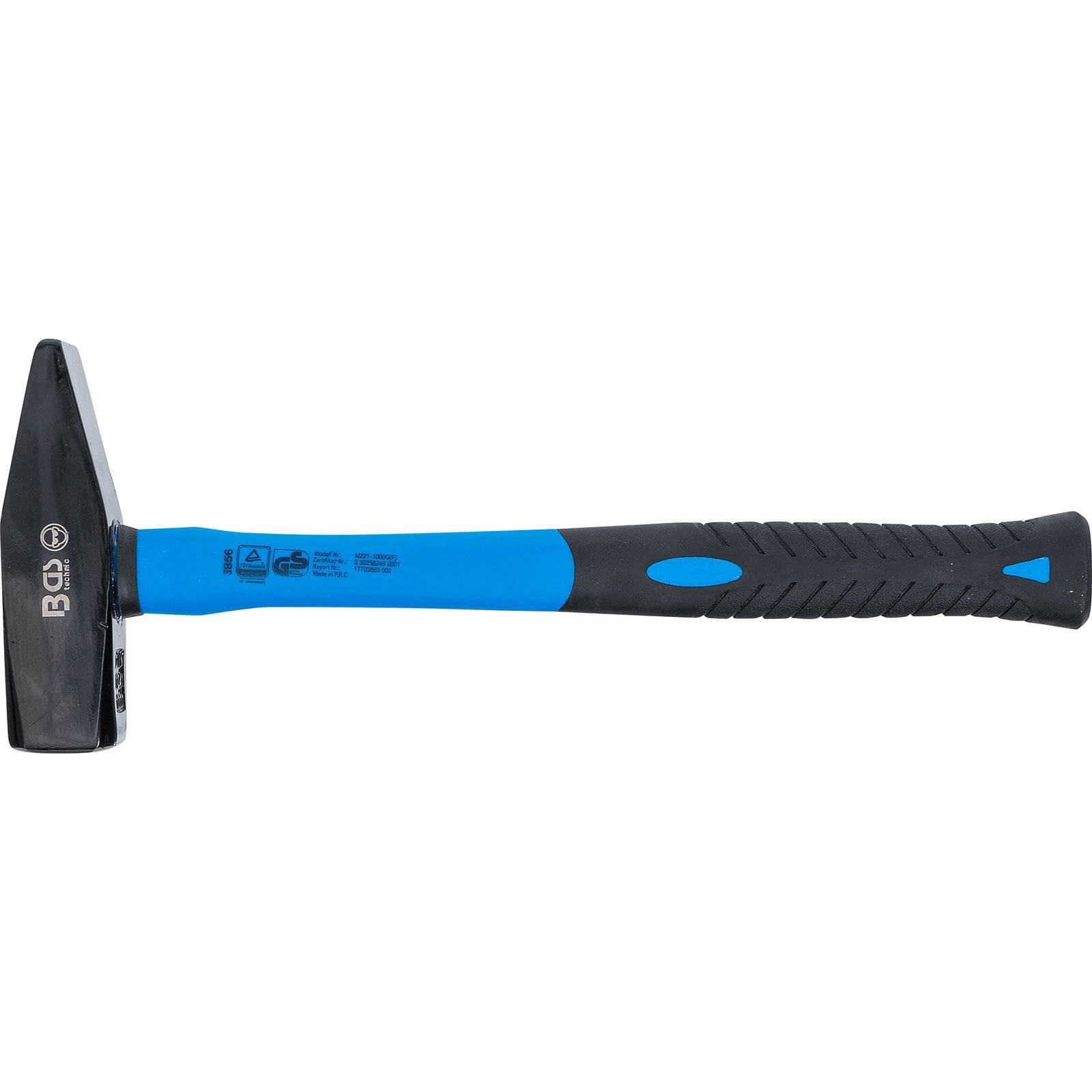 Ein blau gehaltener Hammer mit schwarzem Kopf, ausgestattet mit einem ergonomischen Griffdesign und einem Markenlogo am Griff.