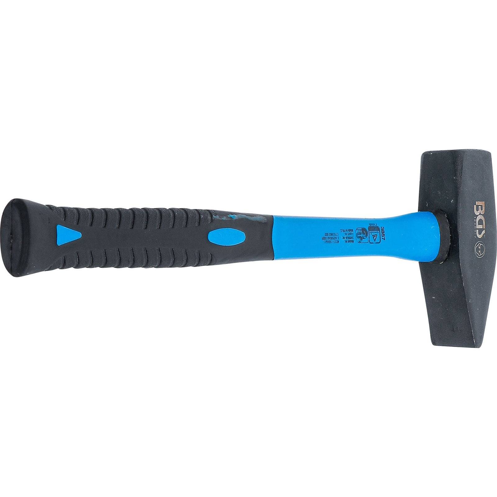Ein blau-schwarzer Hammer mit rutschfestem Gummigriff, konstruiert für schwere Arbeiten, häufig verwendet in Bau- oder Reparaturarbeiten.