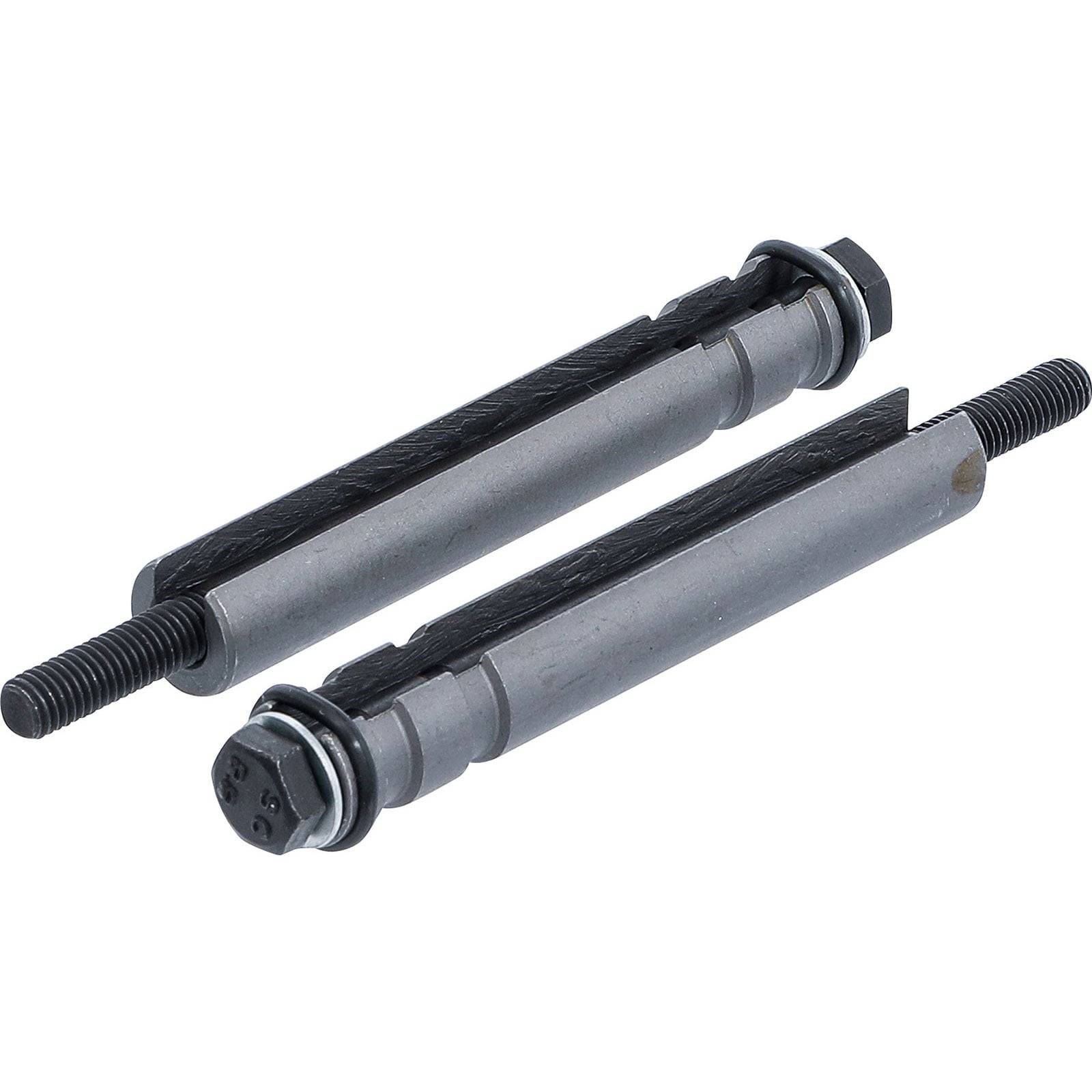 Zwei Gewindebolzen aus Metall mit flachen Seiten, Sechskantköpfen und Gewindeenden, die zum sicheren Verbinden von Möbelkomponenten verwendet werden.