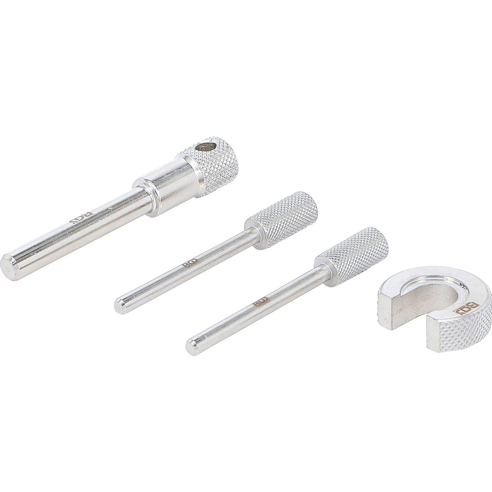 Vierteiliges Silberwerkzeug-Set mit drei zylindrischen Griffen unterschiedlicher Längen und einem U-förmigen Teil, konzipiert für mechanische Anwendungen.