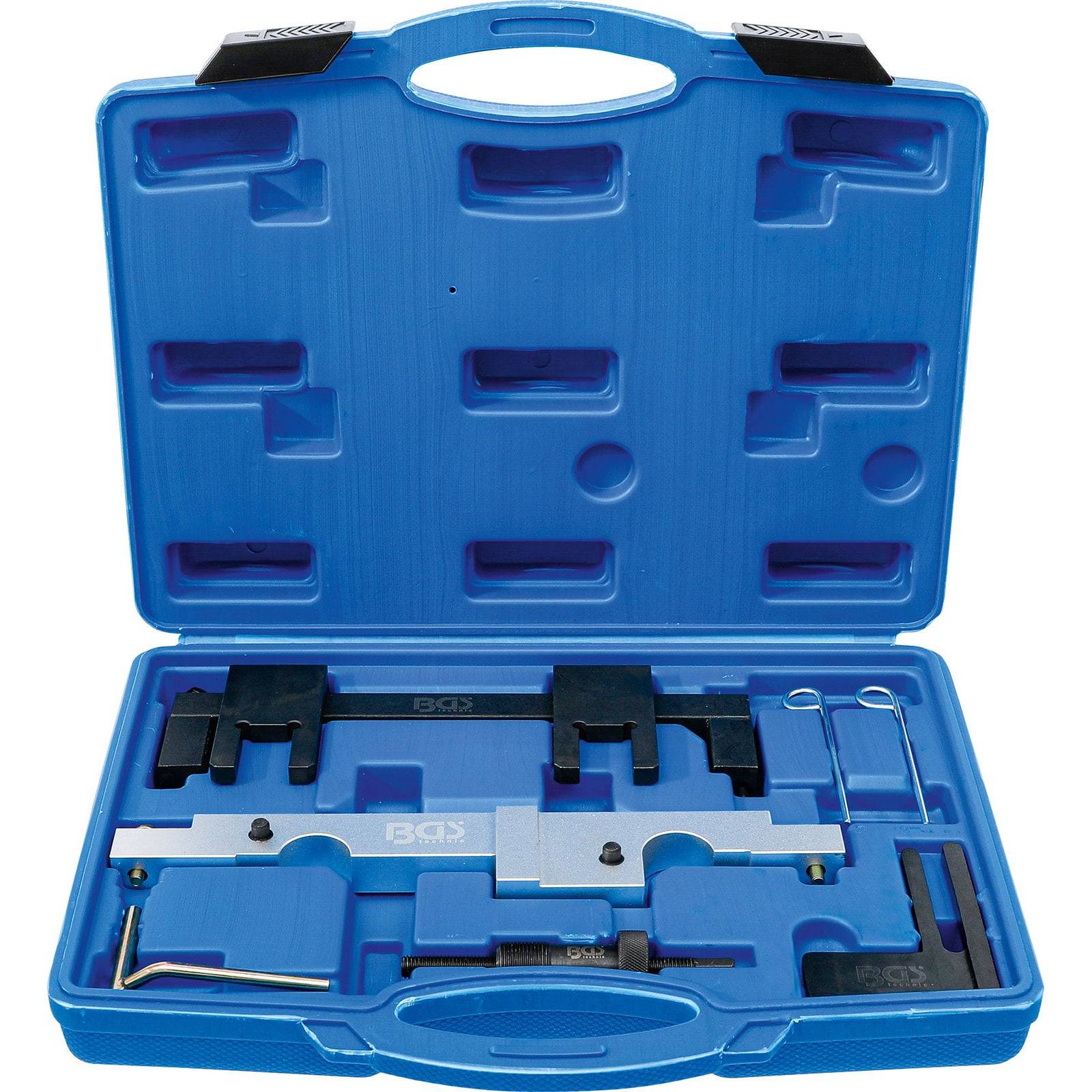 Ein blauer Kunststoff-Werkzeugkoffer mit verschiedenen Metallfeinabstimmungswerkzeugen für Kraftfahrzeuge, die in maßgefertigten Fächern angeordnet sind und für die Wartung von Motoren verwendet werden.