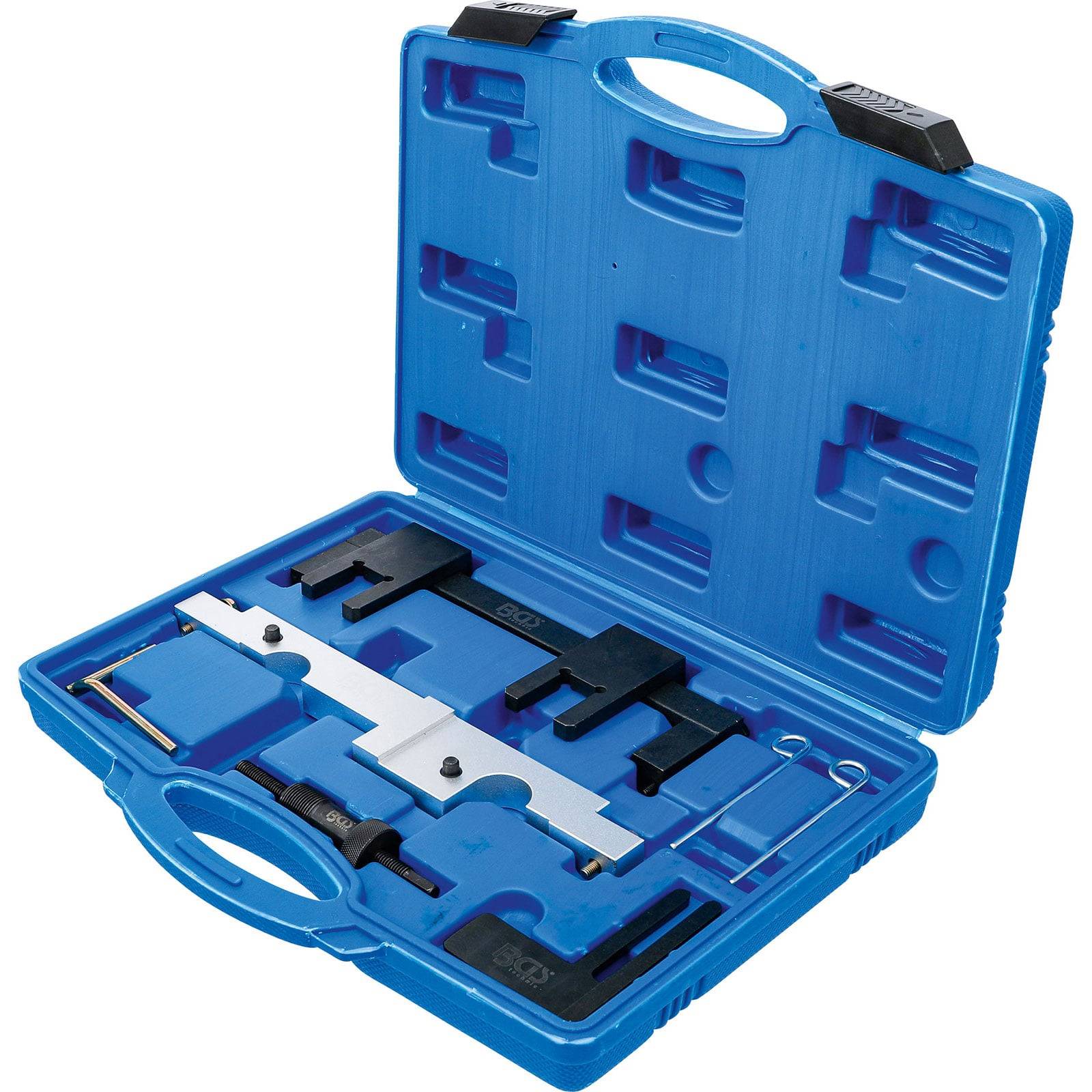 Eine blaue Kunststoffbox, die einen Satz aus Metall- und Kunststoff-Ausrichtwerkzeugen für Motoreinstellungen enthält, angeordnet in einer Schaumstoffeinlage.