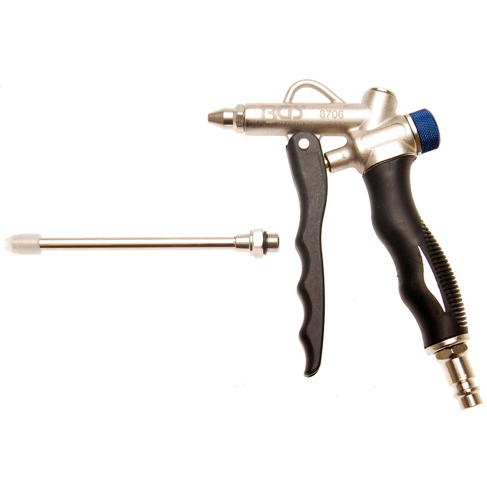 Metallluftpistole mit schwarzem Griff und Düsenaufsatz auf weißem Hintergrund, verwendet für präzises Ausblasen in industriellen Umgebungen.