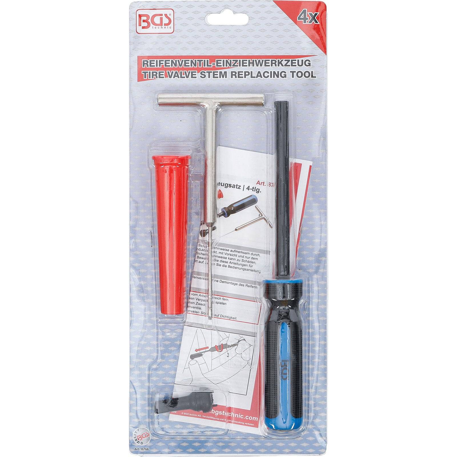 Reifenventil-Austauschs-Werkzeugset' enthält ein T-Griff-Werkzeug, Schraubendreher, Ventilausbauer und Anleitung, in Verpackung zur Präsentation.