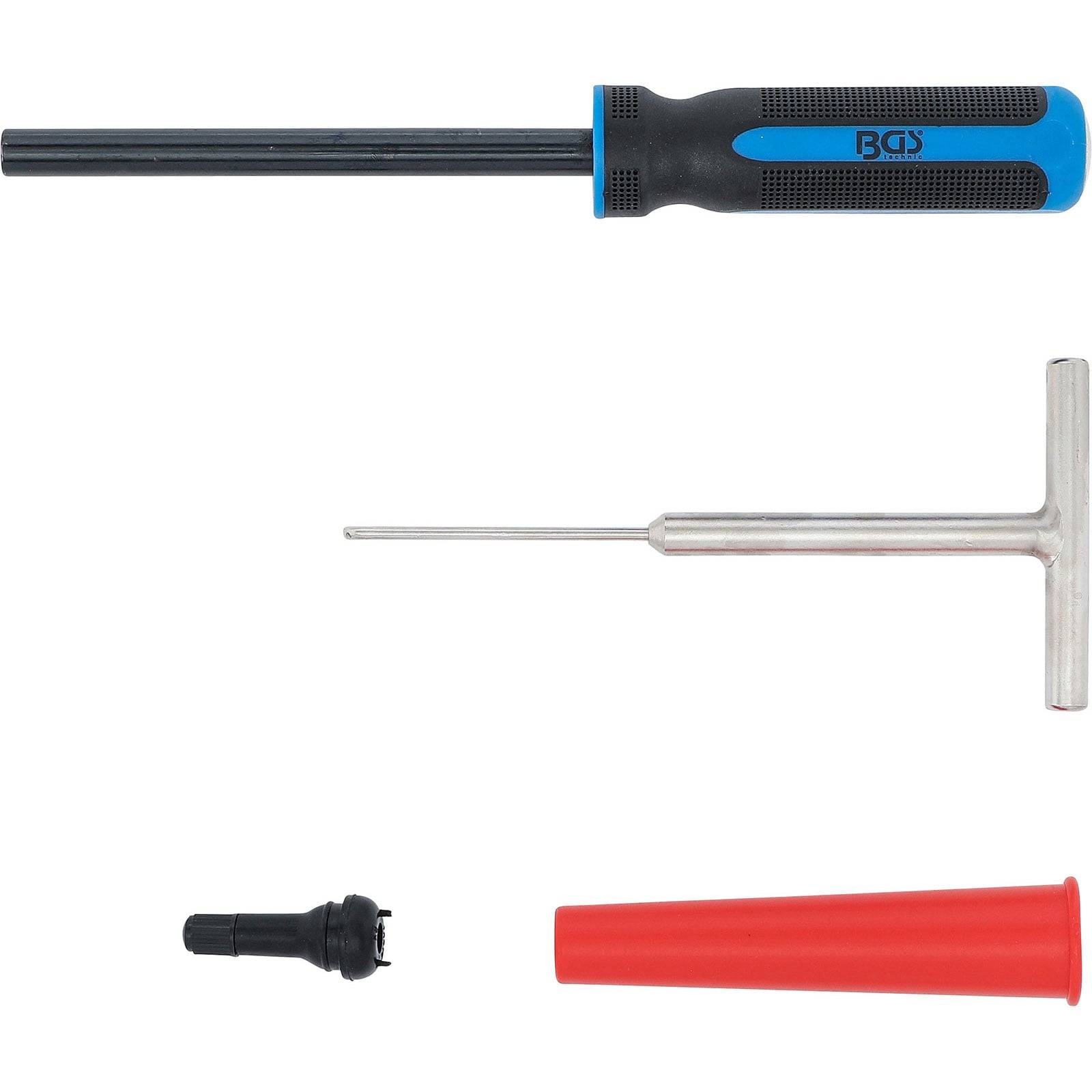 Werkzeugsatz aus vier Elementen: blauer und schwarzer T-Griff-Werkzeug, dünne Metallstange mit T-Griff, zylindrische rote Hülse und kleines schwarzes Plastikteil.