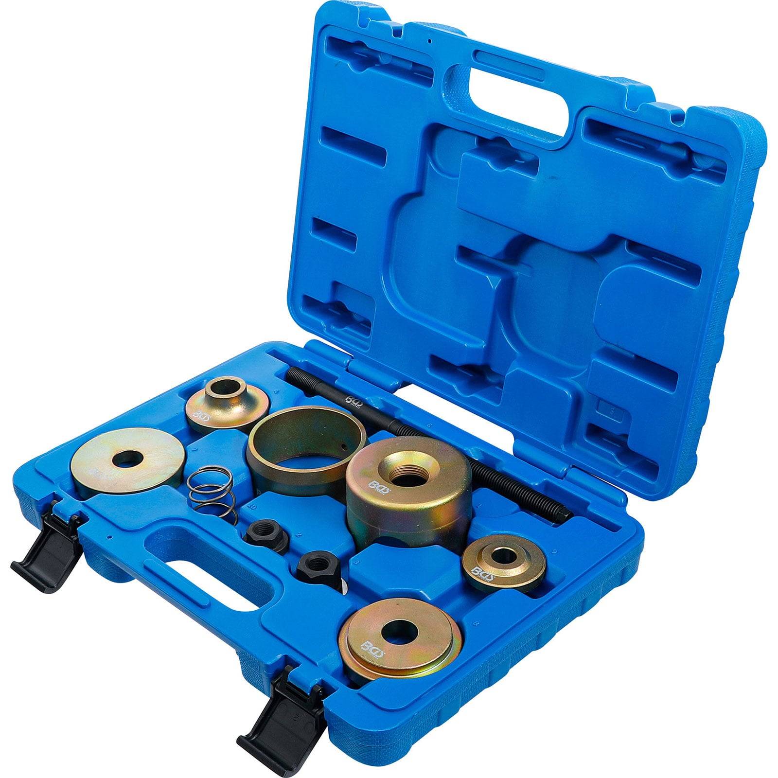 Eine blaue Kunststoffbox enthält einen Lager- und Buchsentreibersatz mit verschiedenen metallischen Komponenten und Scheiben, die für Autoreparaturen verwendet werden.