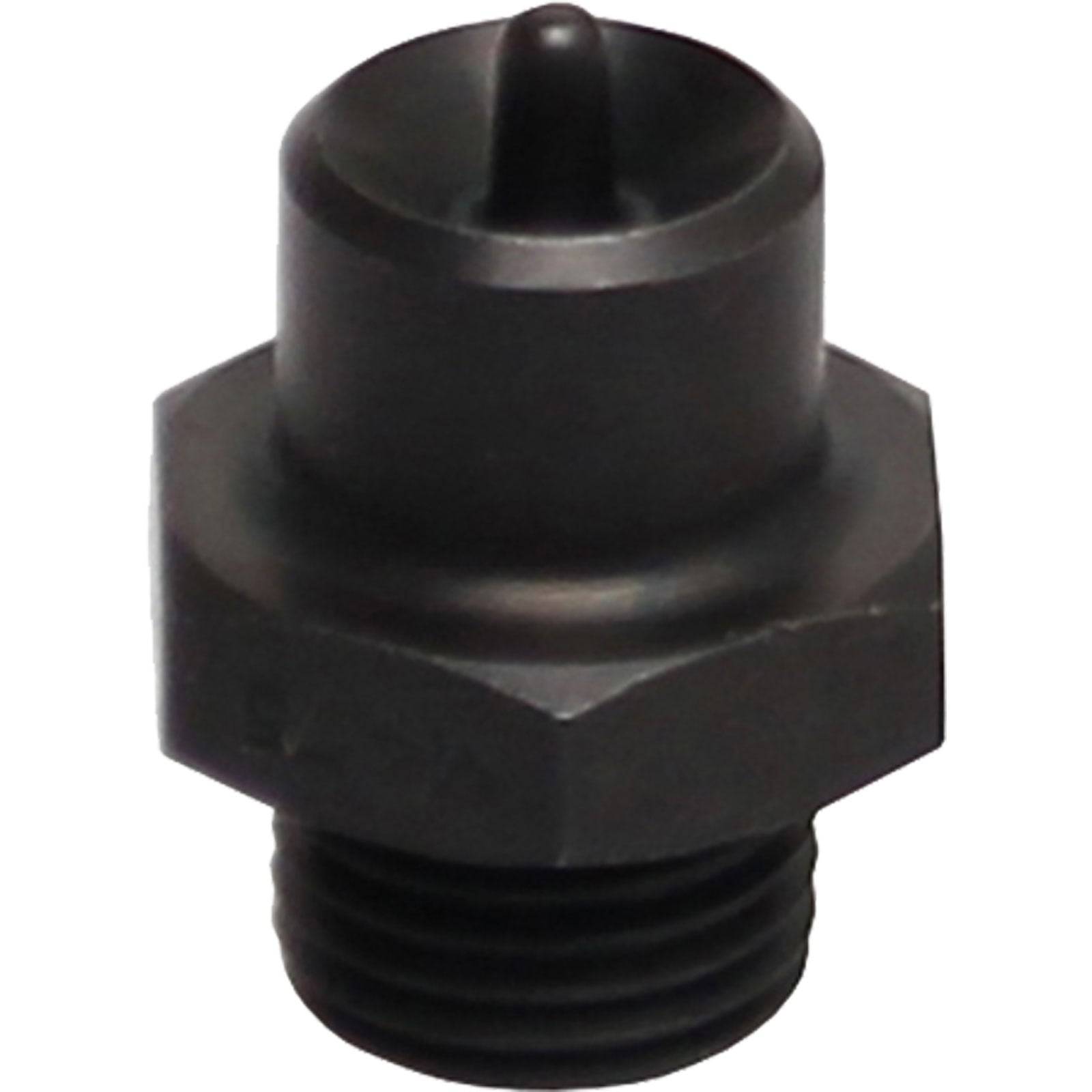 Eine schwarze, sechseckige Sprühdüse mit gewindeter Unterseite, entwickelt für industrielle oder landwirtschaftliche Anwendungen.