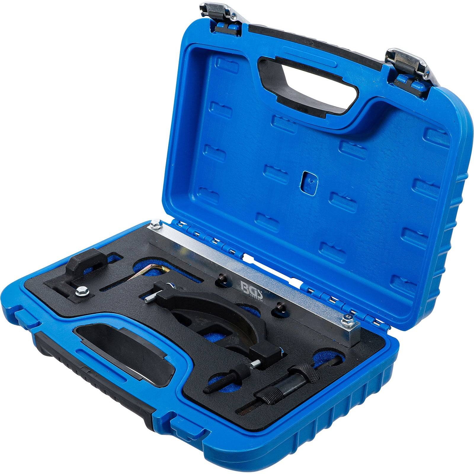 Ein blauer Hartplastik-Transportkoffer mit verschiedenen Fächern enthält Metall- und Plastikwerkzeuge, einschließlich präziser Messausrüstung.