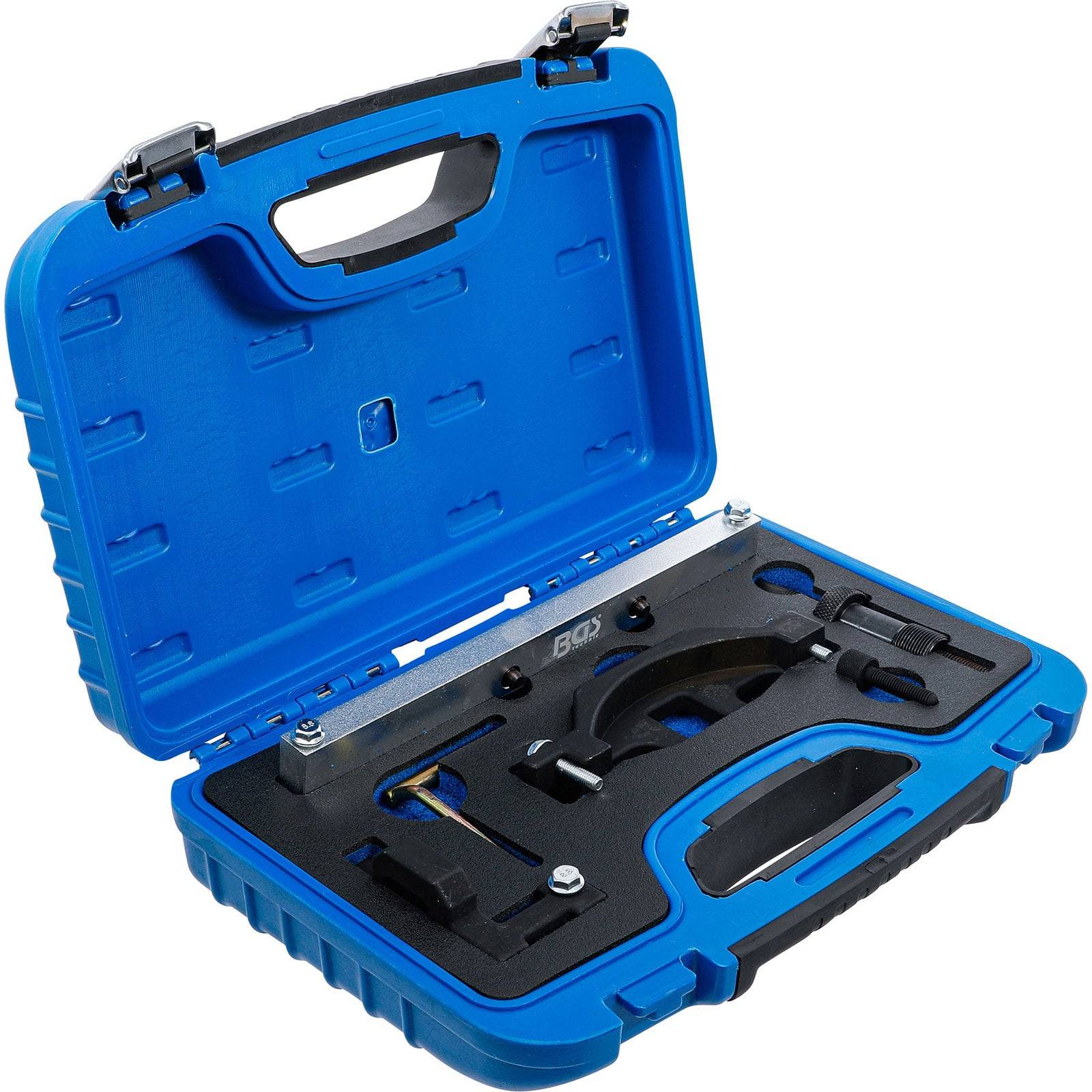 Blauer Werkzeugkoffer geöffnet, der organisierte Werkzeuge wie Schraubenschlüssel und Schraubendreher auf einem geformten Tablett zeigt, das für Mechaniker oder Haushaltsaufgaben entwickelt wurde.