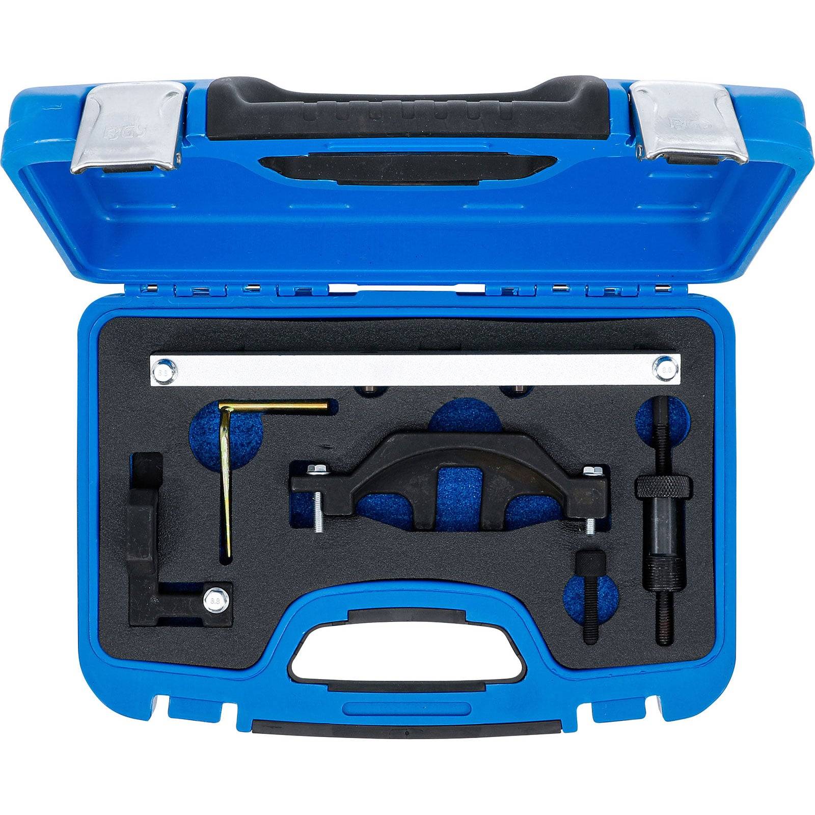 Ein blauer Werkzeugkoffer, der einen spezialisierten Zahnriemen-Werkzeugsatz für Kraftfahrzeuge enthält, einschließlich Schraubschlüssel und Ausrichtungswerkzeuge, in Schaumstoff organisiert.