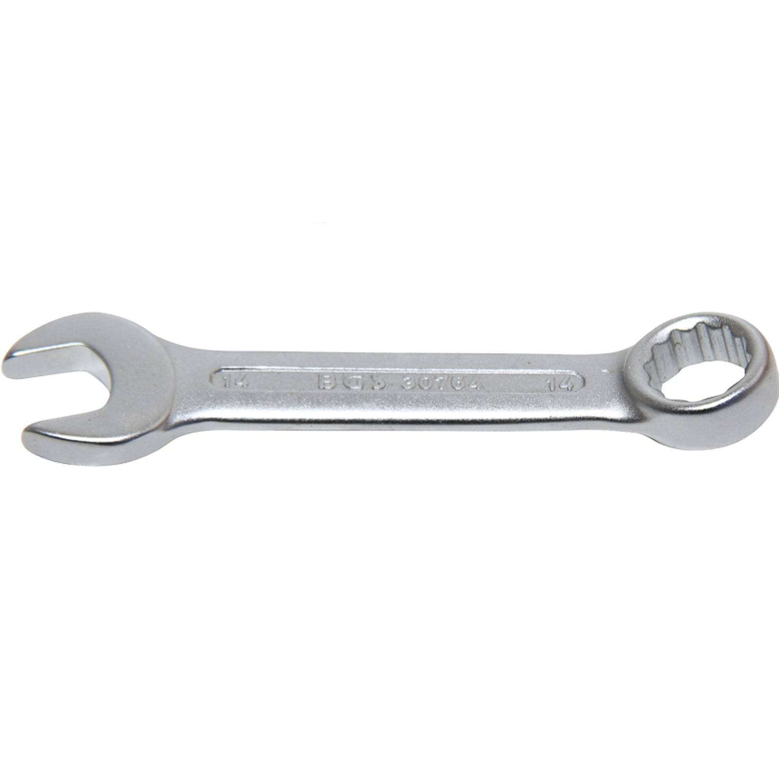 Ein Gabelschlüssel mit einer offenen Seite und einer Ringseite, aus glänzendem Metall gefertigt, zum Anziehen von Schrauben.