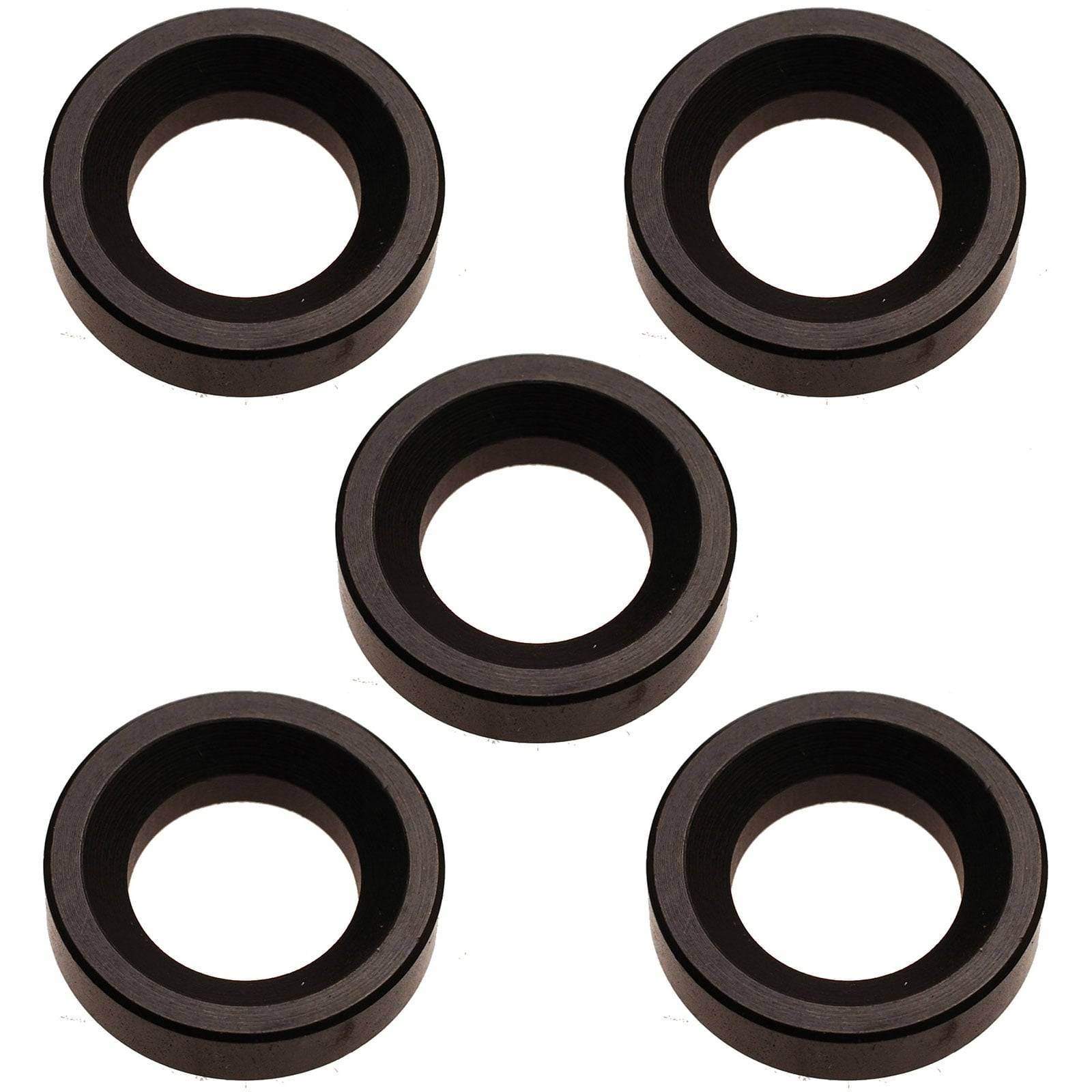 Fünf schwarze Gummidichtungsringe (O-Ringe) sind in einem Kreis auf einem weißen Hintergrund angeordnet.