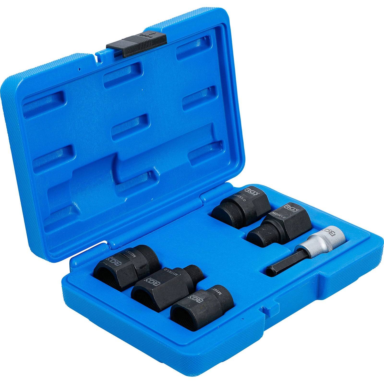 »Ein blauer Koffer mit sechs schwarzen und einem silbernen Radschlossschlüssel, sauber in einzelnen Fächern für Organisation und Schutz angeordnet.«