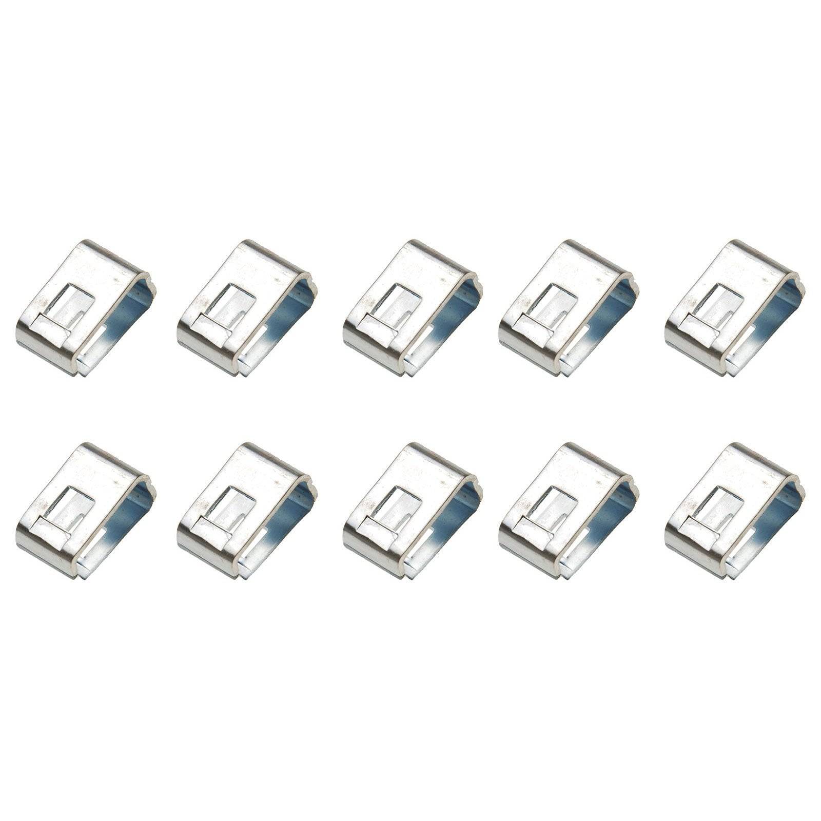 Zehn kleine Metallschlauchschellen, in zwei Reihen angeordnet, zum Befestigen von flexiblen Schläuchen oder Rohren.