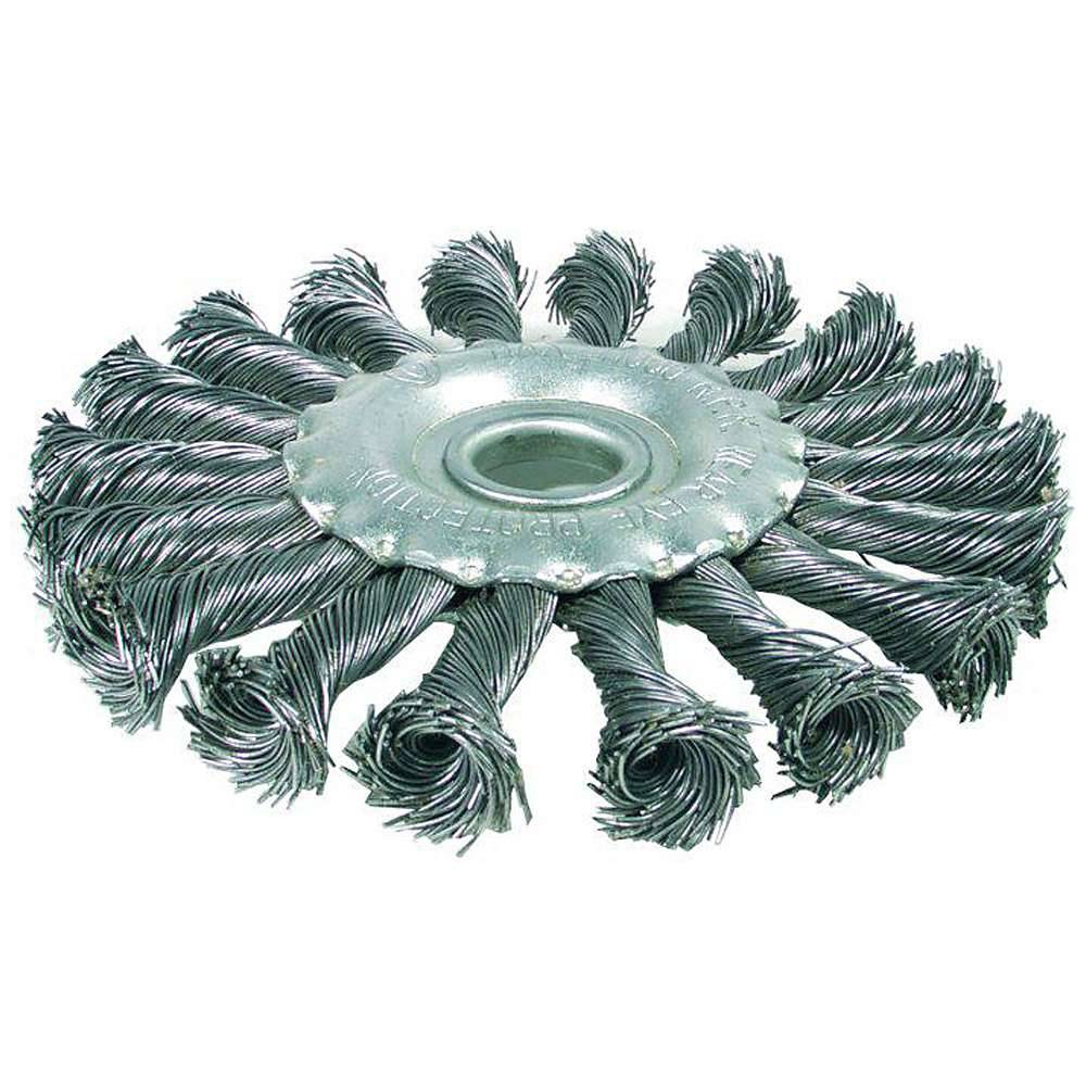 Rundes Metallschleifrad aus gedrehten Stahlborsten zum Reinigen, Polieren oder Entgraten von Oberflächen.