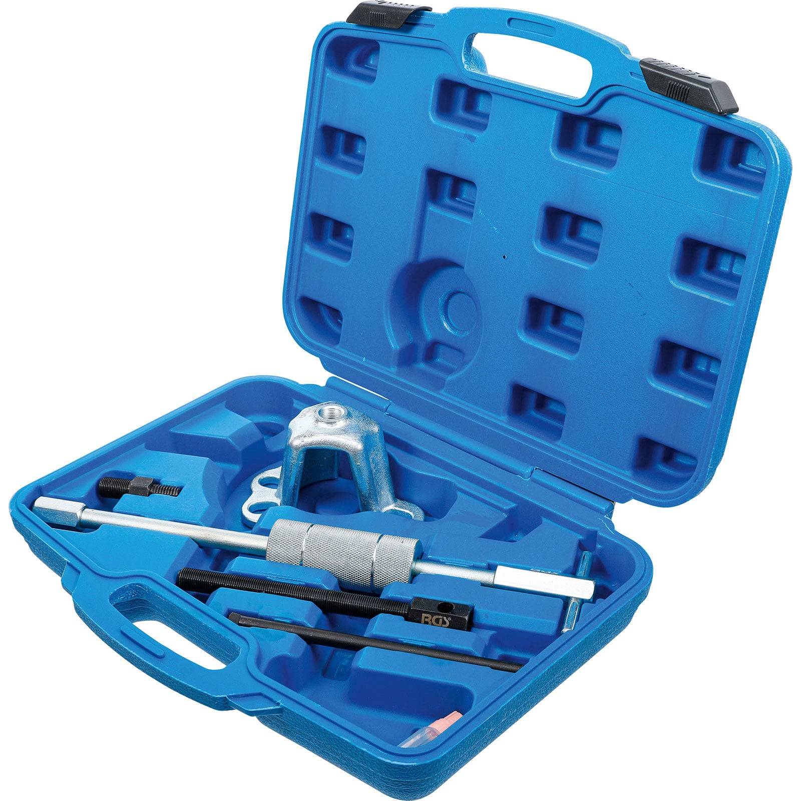 Ein blauer Plastikkoffer mit Griff enthält einen Rohrbieger-Werkzeugkasten. Der Koffer beinhaltet einen Bieger, Führungen und einen Hebel, die ordentlich im Koffer arrangiert sind.