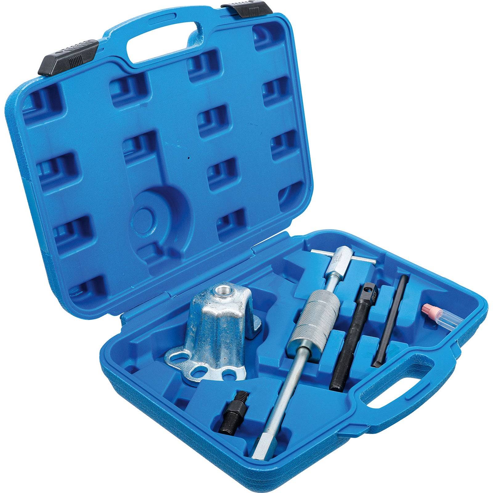 Eine blaue Plastiktragetasche mit verschiedenen mechanischen Werkzeugen, die in Fächern angeordnet sind, einschließlich eines Abziehers und Schraubenschlüssel.