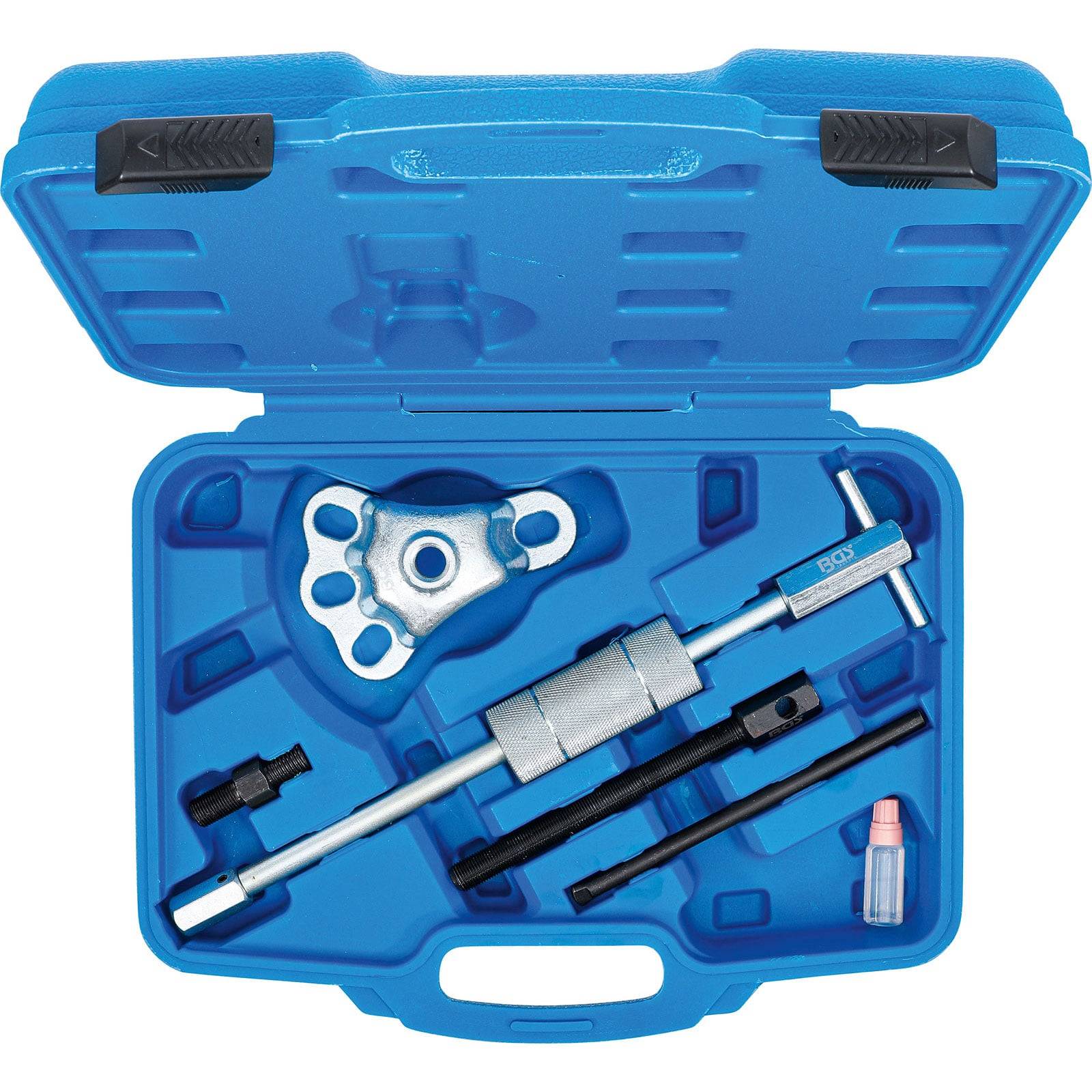 Eine blaue Tragetasche, die einen Gleithammerabzieher-Satz mit verschiedenen Anbauteilen enthält, der zum Entfernen von Lagern und anderen Komponenten verwendet wird.