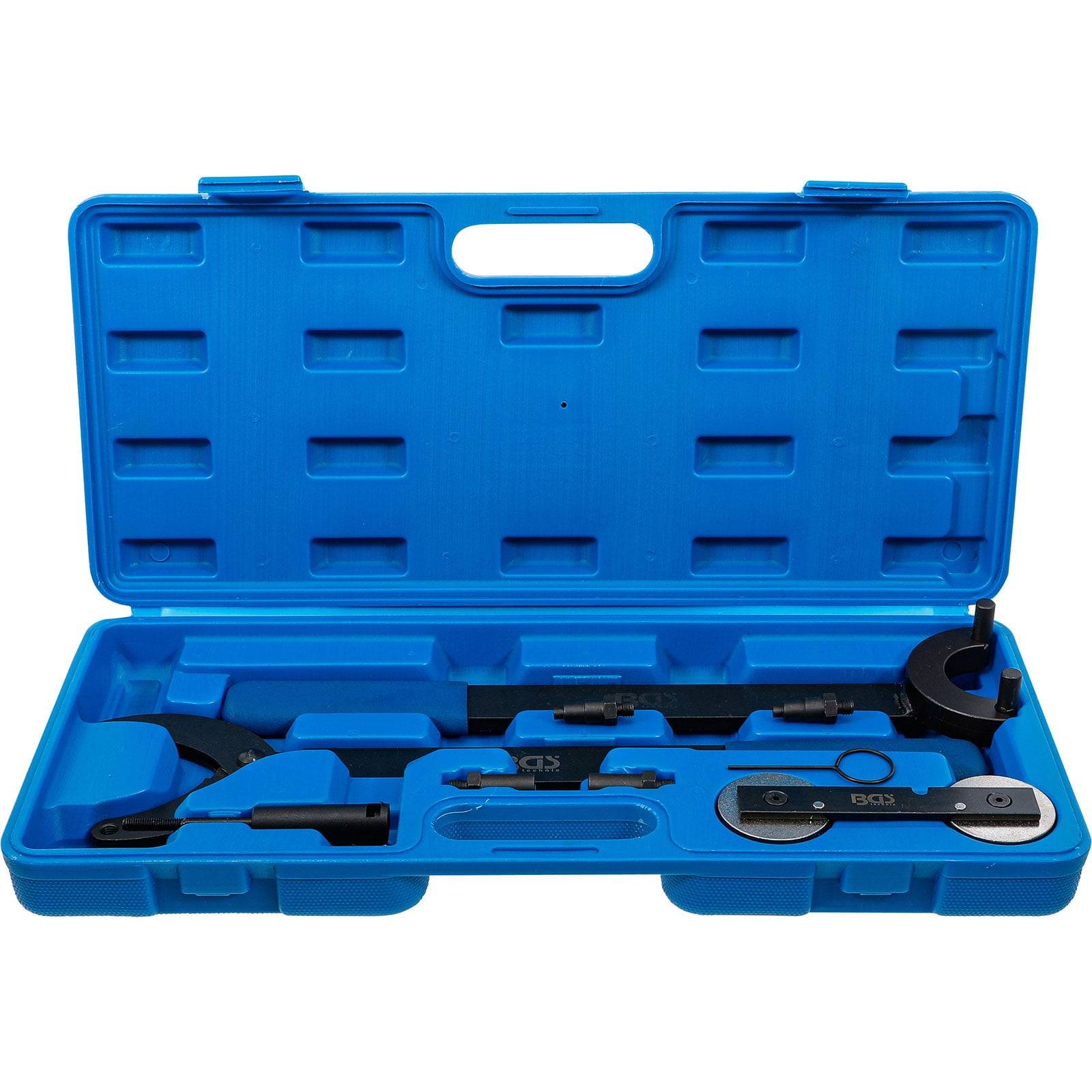 Eine blaue Plastik-Werkzeugbox, die verschiedene schwarze Autowerkzeuge enthält, wahrscheinlich für Motorzeitsteuerung und -ausrichtung, mit einem Tragegriff.