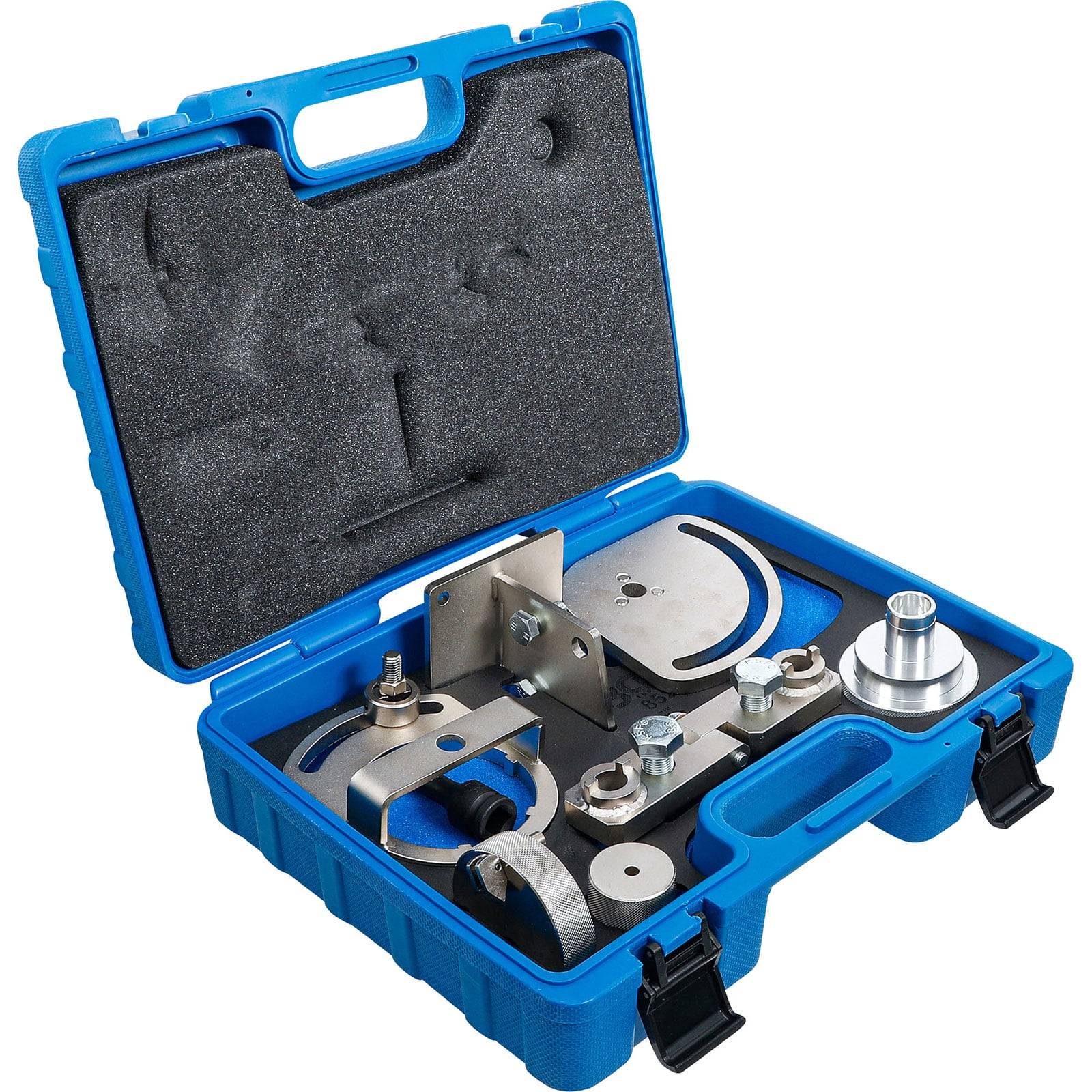 Eine blaue Plastikbox, die verschiedene Metallwerkzeuge und -komponenten enthält, mit einer Schaumstoffeinlage zur Organisation und zum Schutz.