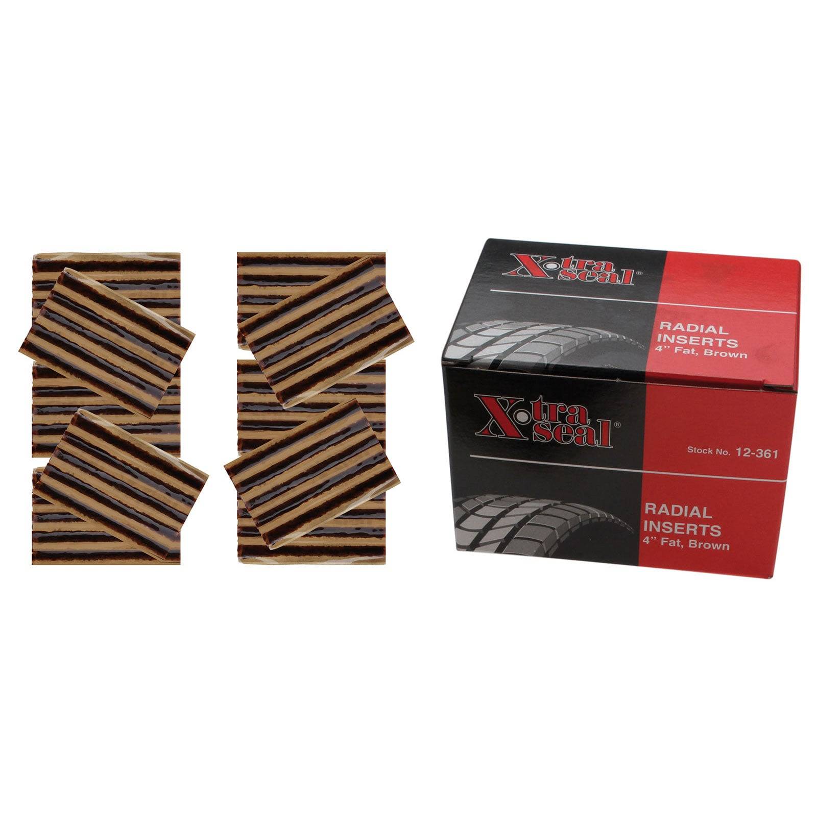 Schachtel mit Xtra Seal Radial-Reparatureinsätzen mit sechs Streifen daneben, verwendet für die Autoreifen-Reparatur.