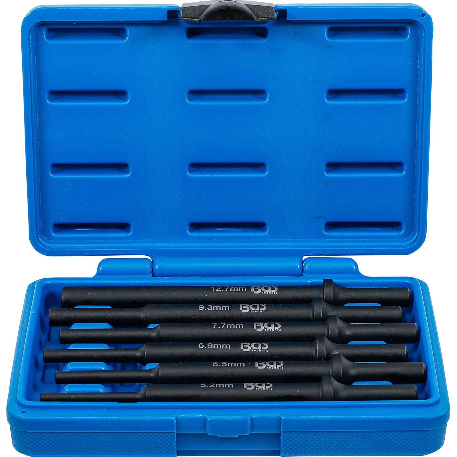 Eine Kunststoffbox, die geöffnet ist, um sechs blaue Schraubendreher unterschiedlicher Größen zu präsentieren, die in eine Schaumstoffeinlage eingesetzt sind.