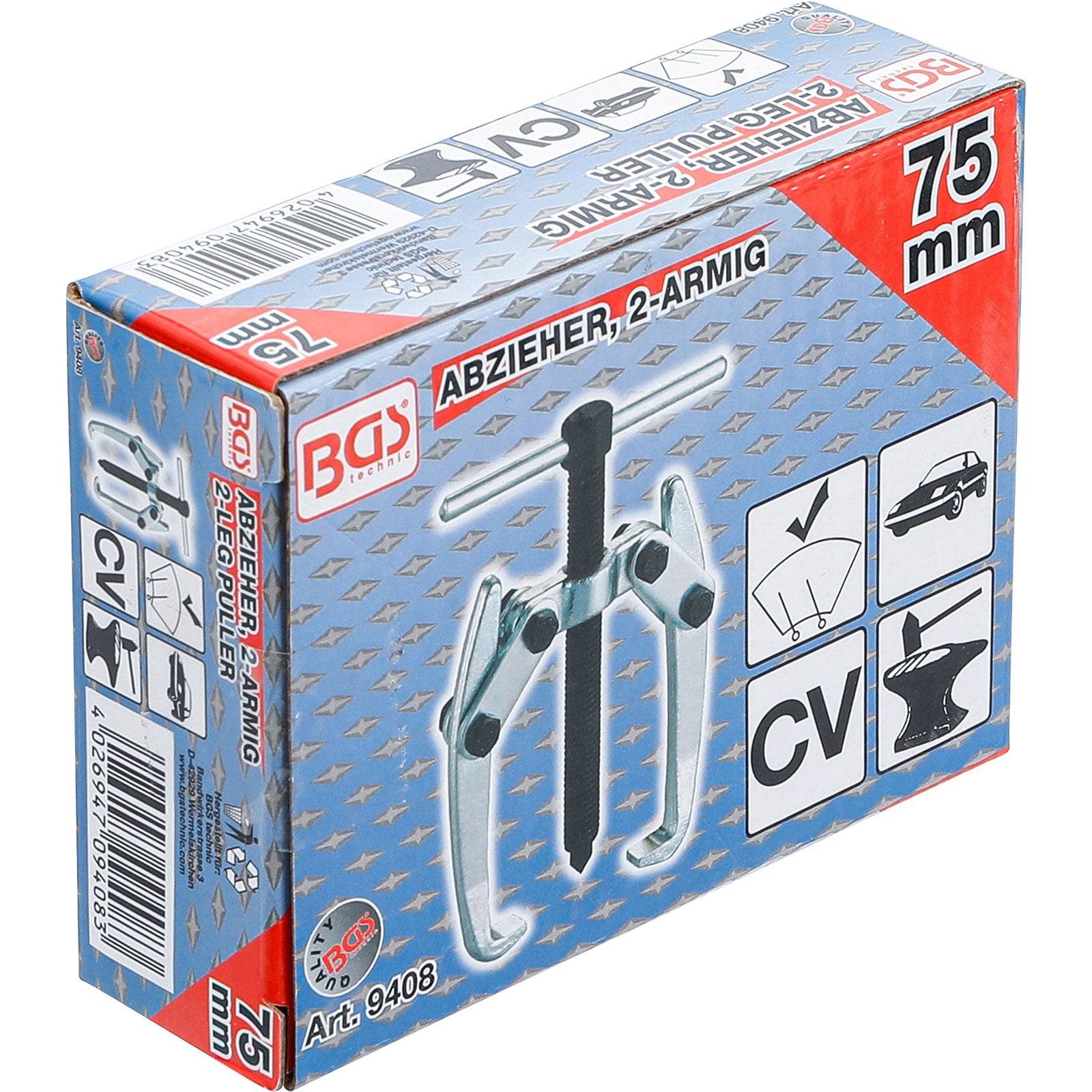 Das Bild zeigt eine Verpackung für einen BGS 2-armigen Abzieher, Größe 75 mm. Die Verpackung enthält Illustrationen zur Verwendung und die Produktnummer 9408.