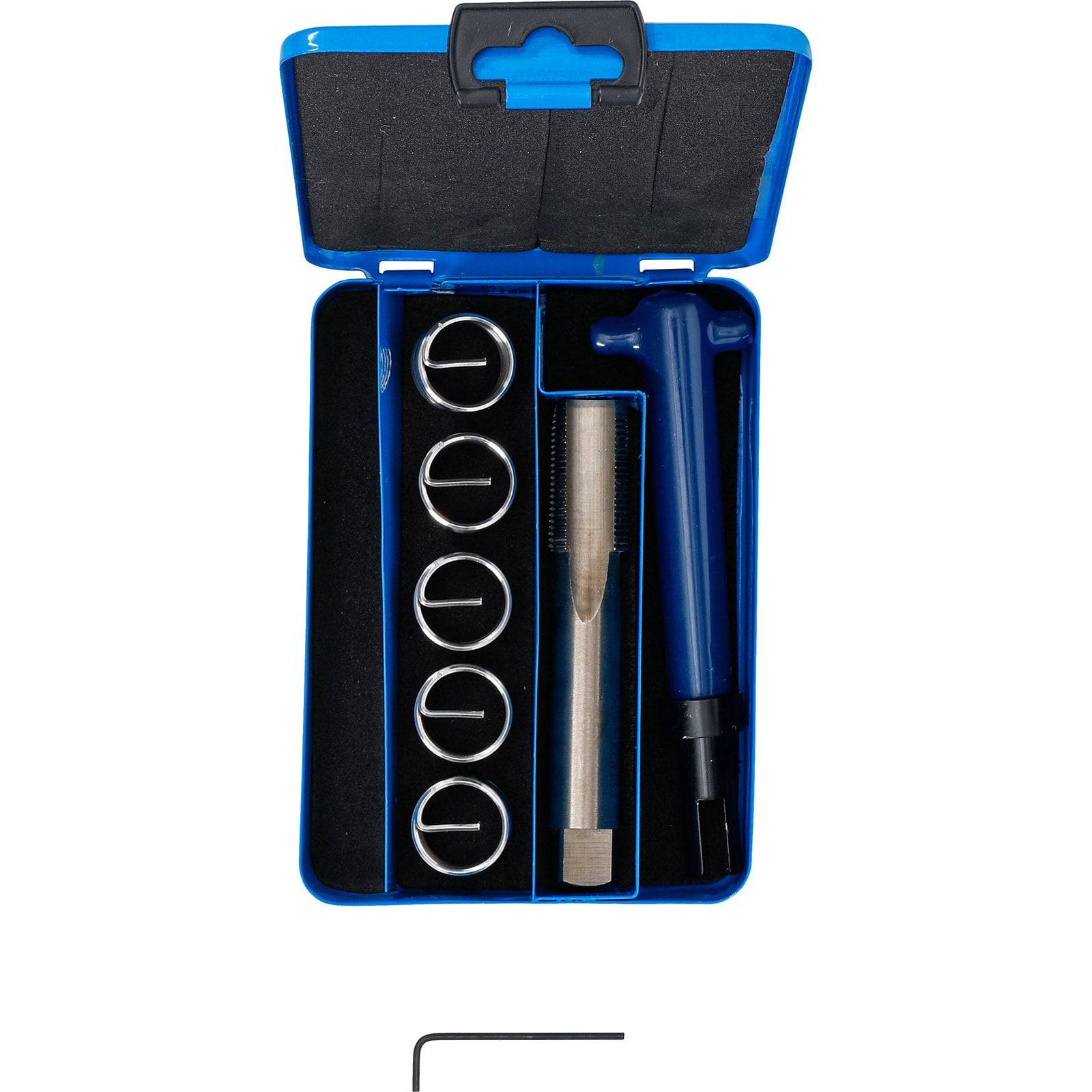 Eine blaue Plastikwerkzeugkiste enthält einen Schraubenschlüssel und vier ringförmige Metallkomponenten. Ein L-förmiger Inbusschlüssel ist separat darunter platziert.