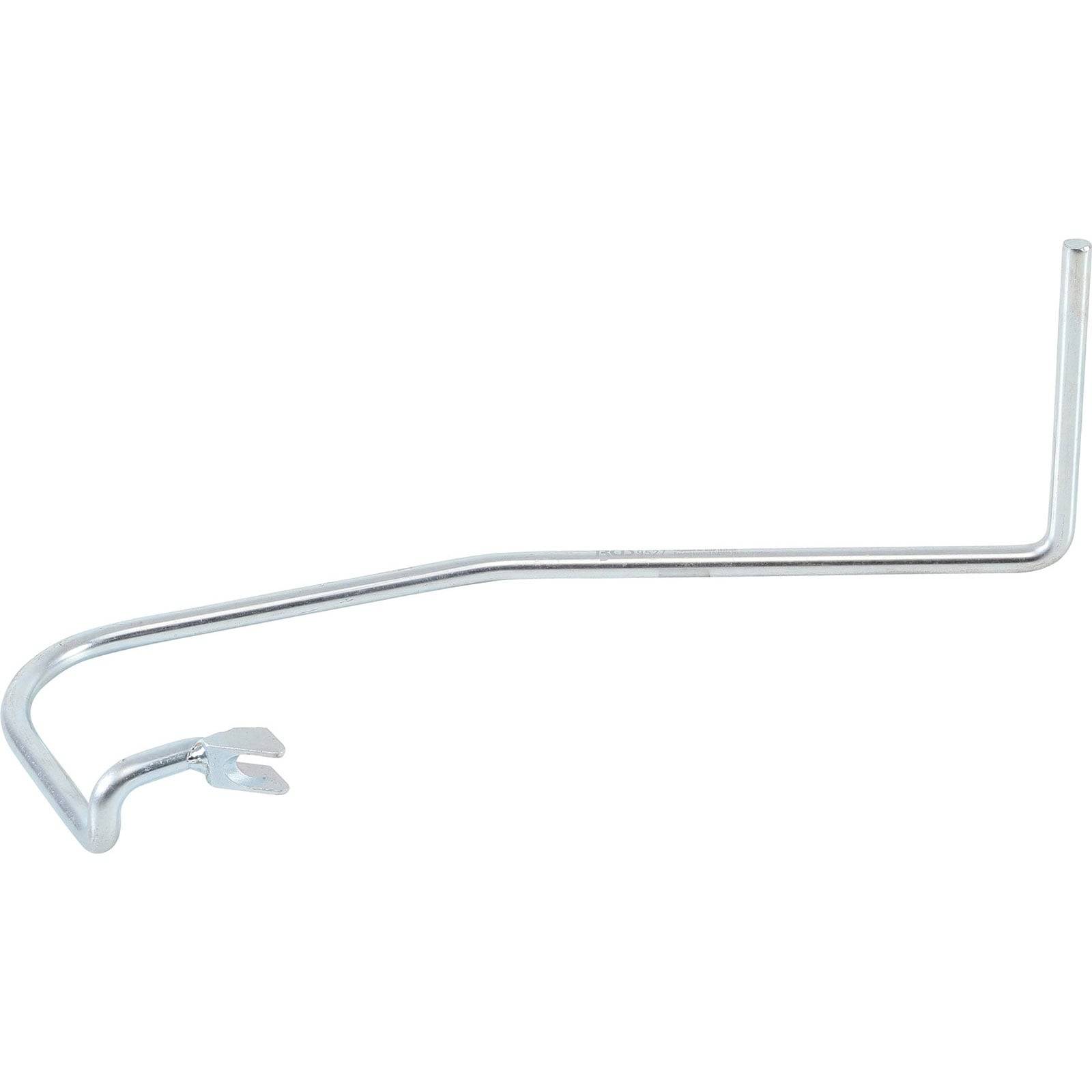 Eine Metallkurbelklinke mit einem Haken und einem quadratischen Ausschnitt an einem Ende, die zum Kurbeln oder Justieren von mechanischen Vorrichtungen wie Wagenhebern oder Aufzügen verwendet wird.