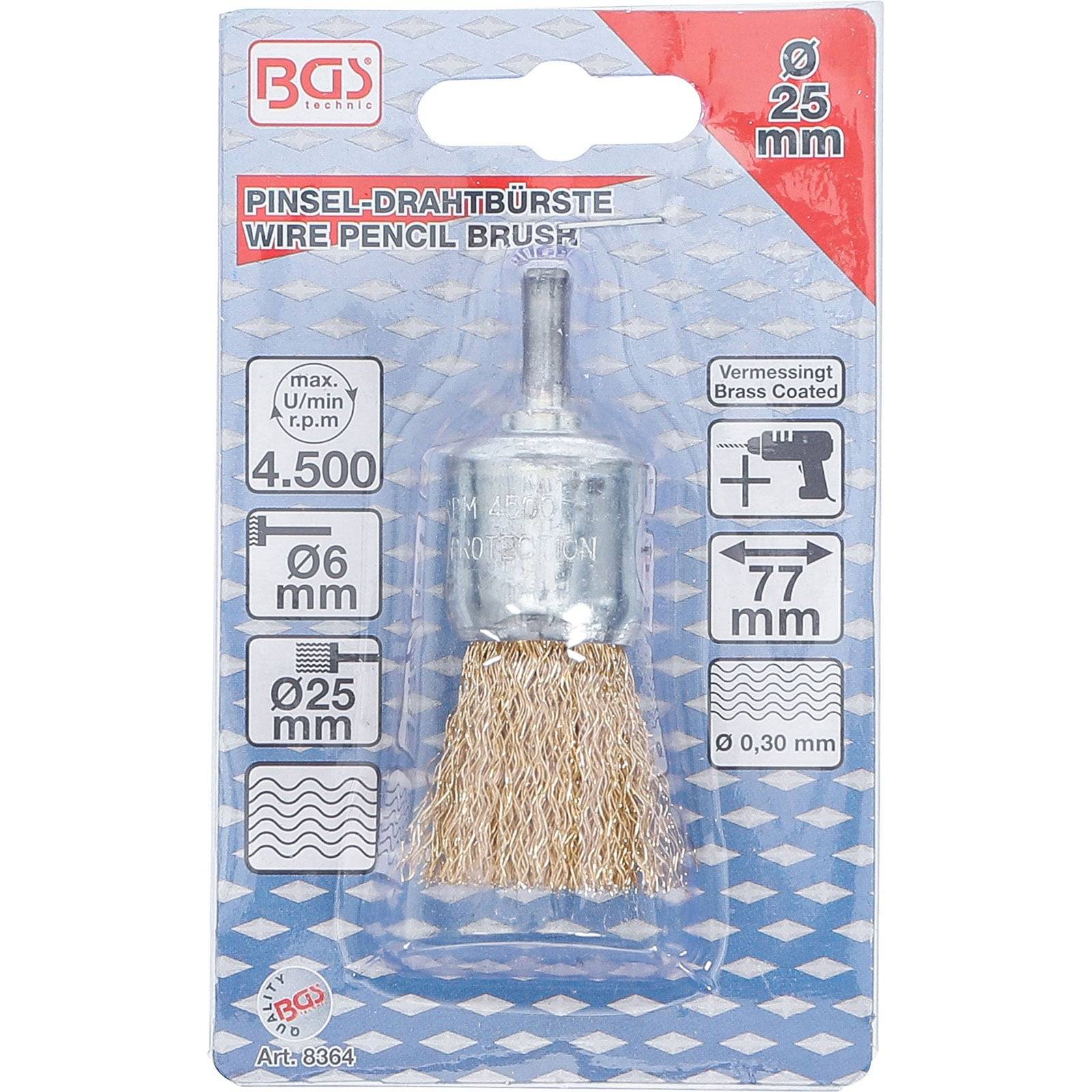 BGS' Marke 25mm Drahtpinsel für Bohrmaschinen, mit Spezifikationen wie maximale Drehzahl 4.500 U/min, 6mm Schaft und messingbeschichteten Borsten.