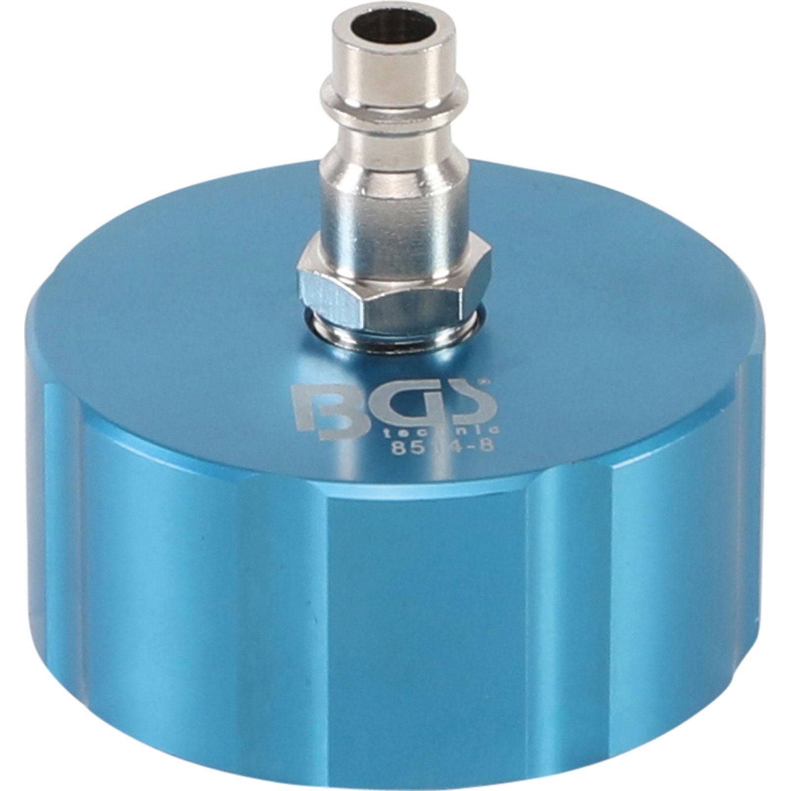 Ein blauer Zylinder mit einer Metalldüse oben, beschriftet mit BGS 8574-B, verwendet für automobil- oder mechanische Zwecke.