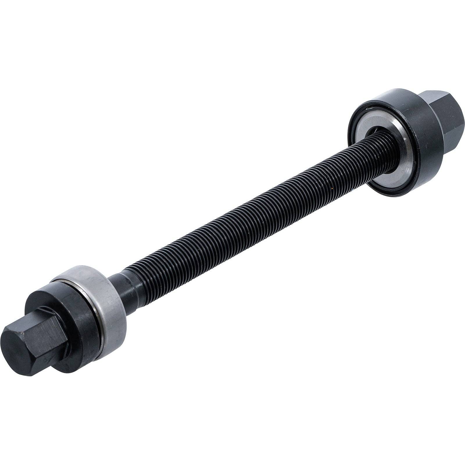 Eine schwarze Gewindeschraube mit zwei Sechskantmuttern, je einer an jedem Ende, und einem kreisförmigen Kragen in der Mitte, die zur mechanischen Befestigung verwendet wird.