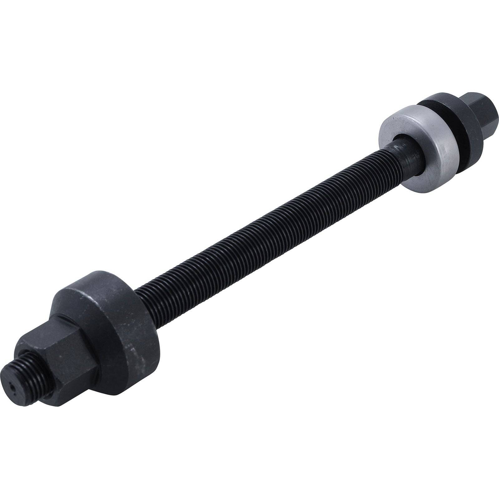 Eine schwarze, gewindete Stange mit Muttern und Unterlegscheiben an jedem Ende, die zur mechanischen Befestigung oder Einstellung der Spannung in Strukturen oder Maschinen verwendet wird.