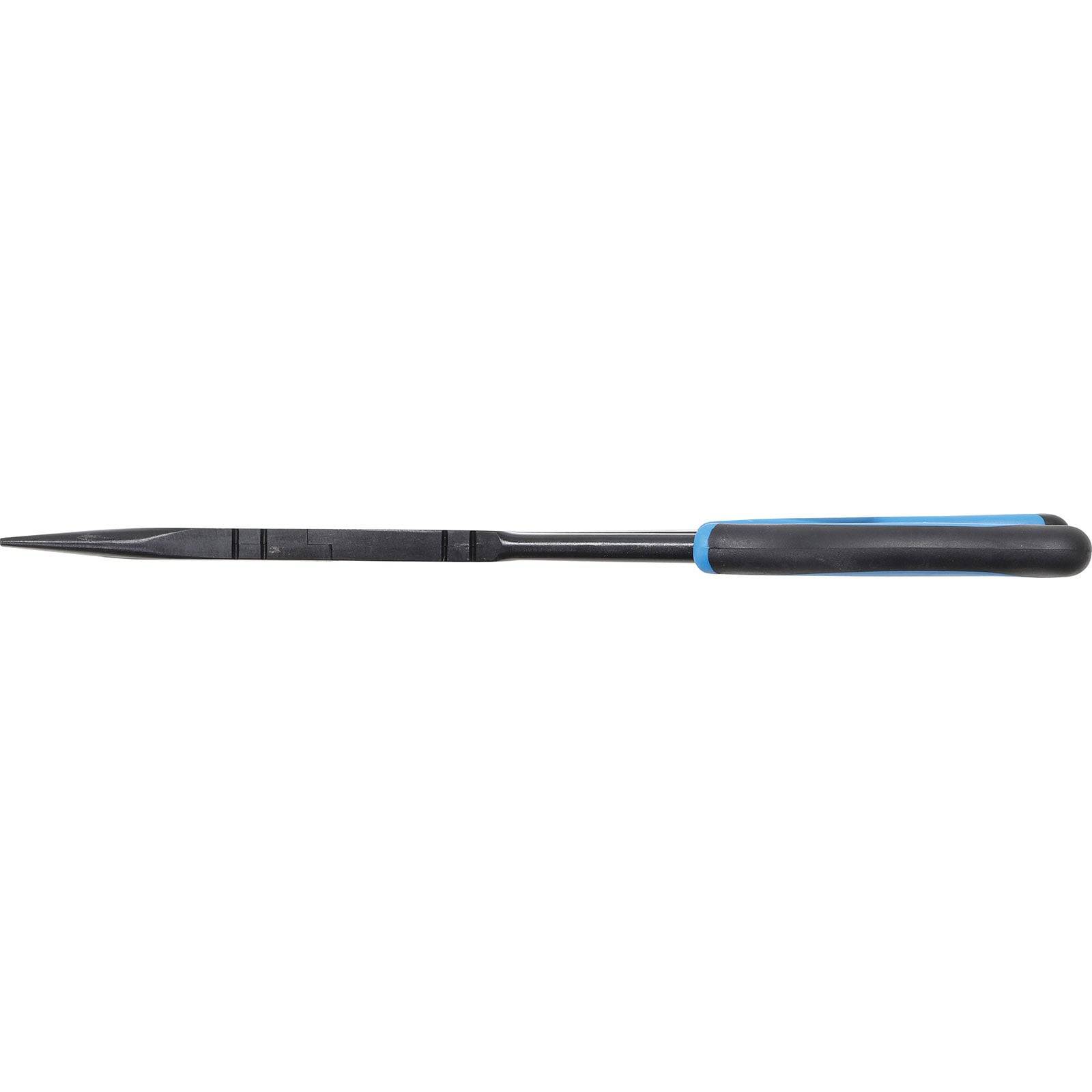 Eine Metallfeile mit spitzer Spitze, blau-schwarzem Griff, zum Formen oder Glätten von Materialien wie Metall oder Holz.