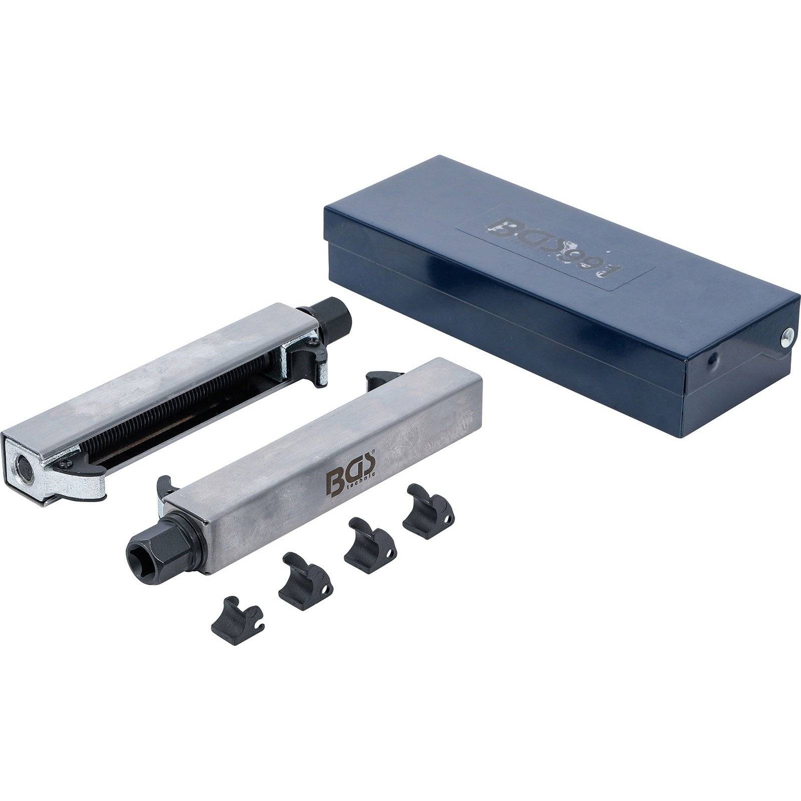 Metallisches Ventilfedern-Kompressor-Set mit blauer Aufbewahrungsbox und schwarzen Zubehörteilen ausgelegt. Verwendet für automotive Motorarbeiten.