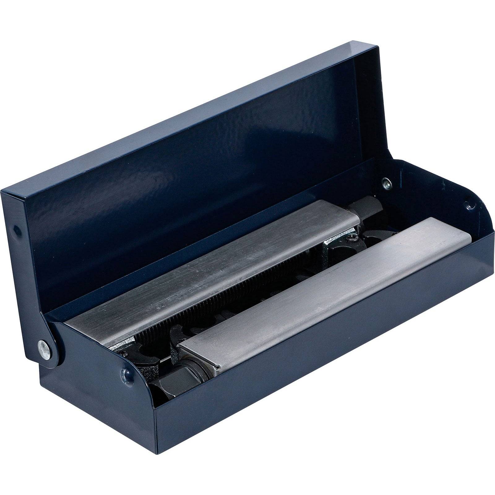 Ein blauer Metallcheckstanzer mit offenem Deckel, der die inneren Zahnräder und Lochungsmechanismen zeigt.